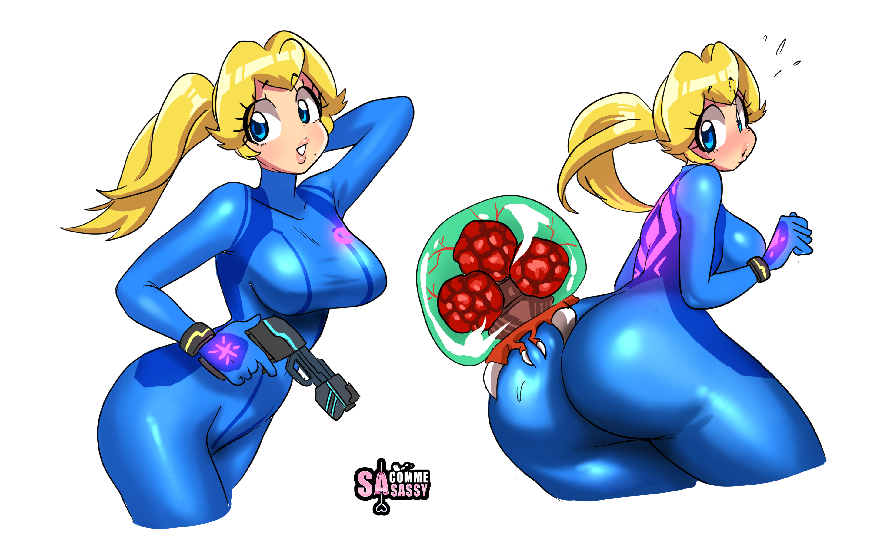 1girls, 1other, ambiguous gender, ass, big eyes, blonde hair, blue bodysuit, blue eyes, blush, bodysuit, breasts, crossover, female, female focus, long hair, looking at viewer, looking back, mario (series), metroid, metroid (creature), multiple views, nintendo, ponytail, princess peach, samus aran (cosplay), sasatseng, simple background, standing, thick thighs, tied hair, very high resolution, white background, zero suit
