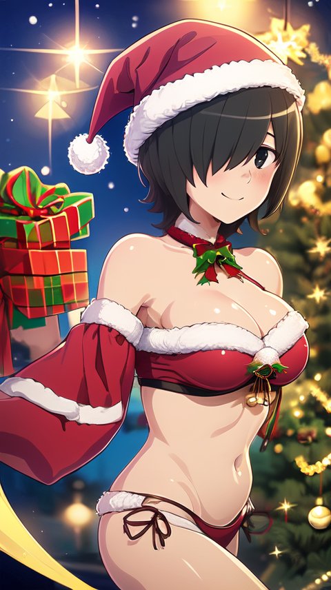 1girls ai_generated alternate_costume bangs_over_one_eye blush breasts christmas_clothing dungeon_ni_deai_wo_motomeru_no_wa_machigatteiru_darou_ka hitachi_chigusa present smile xmas