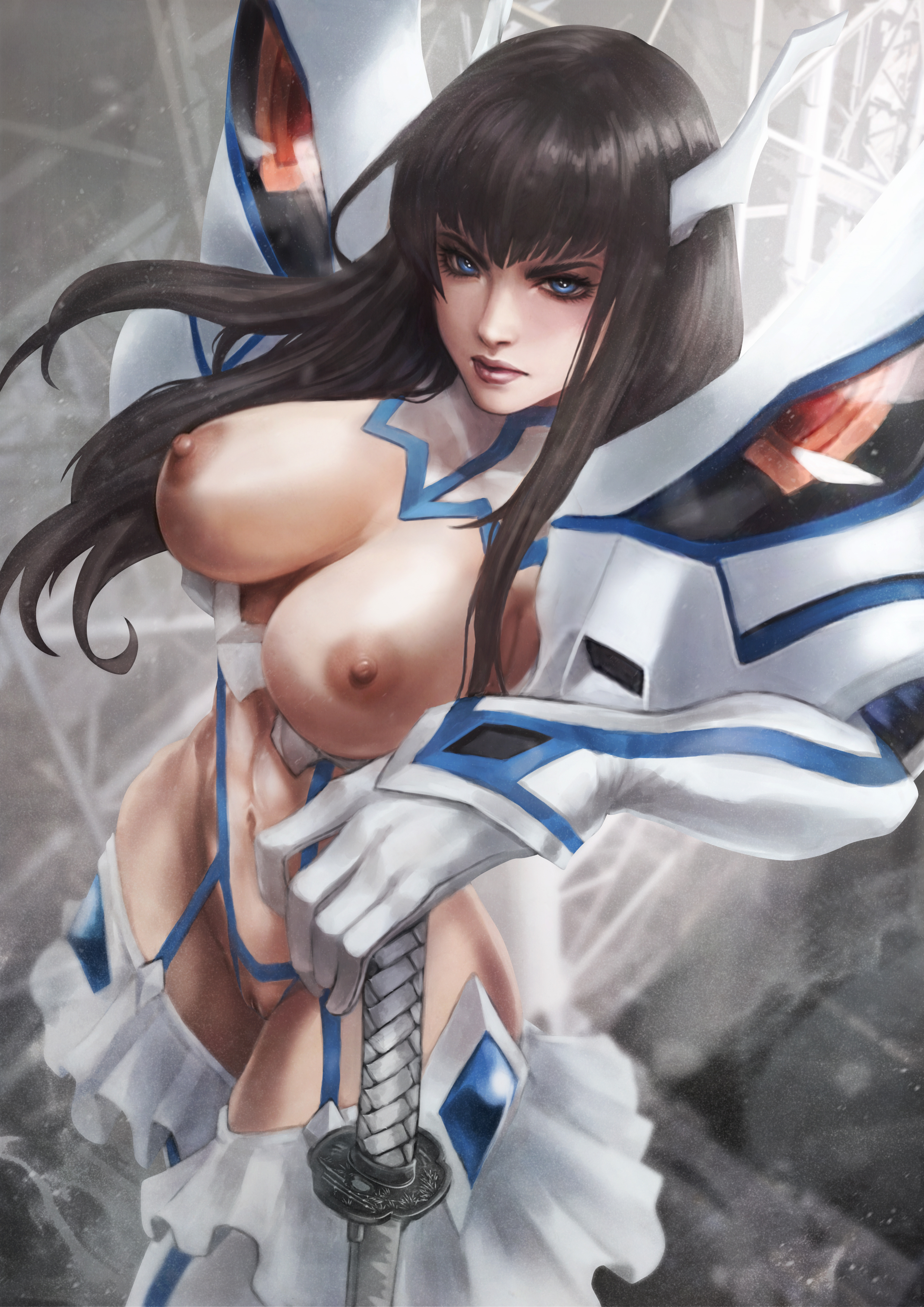 1girls, abs, big breasts, black hair, blue eyes, breasts, erect nipples, female, inverted nipples, junketsu, kill la kill, kiryuuin satsuki, long hair, looking at viewer, monorirogue, muscular, muscular female, nipples, perky breasts, perky nipples, realistic, revealing clothes, sword, toned, toned female