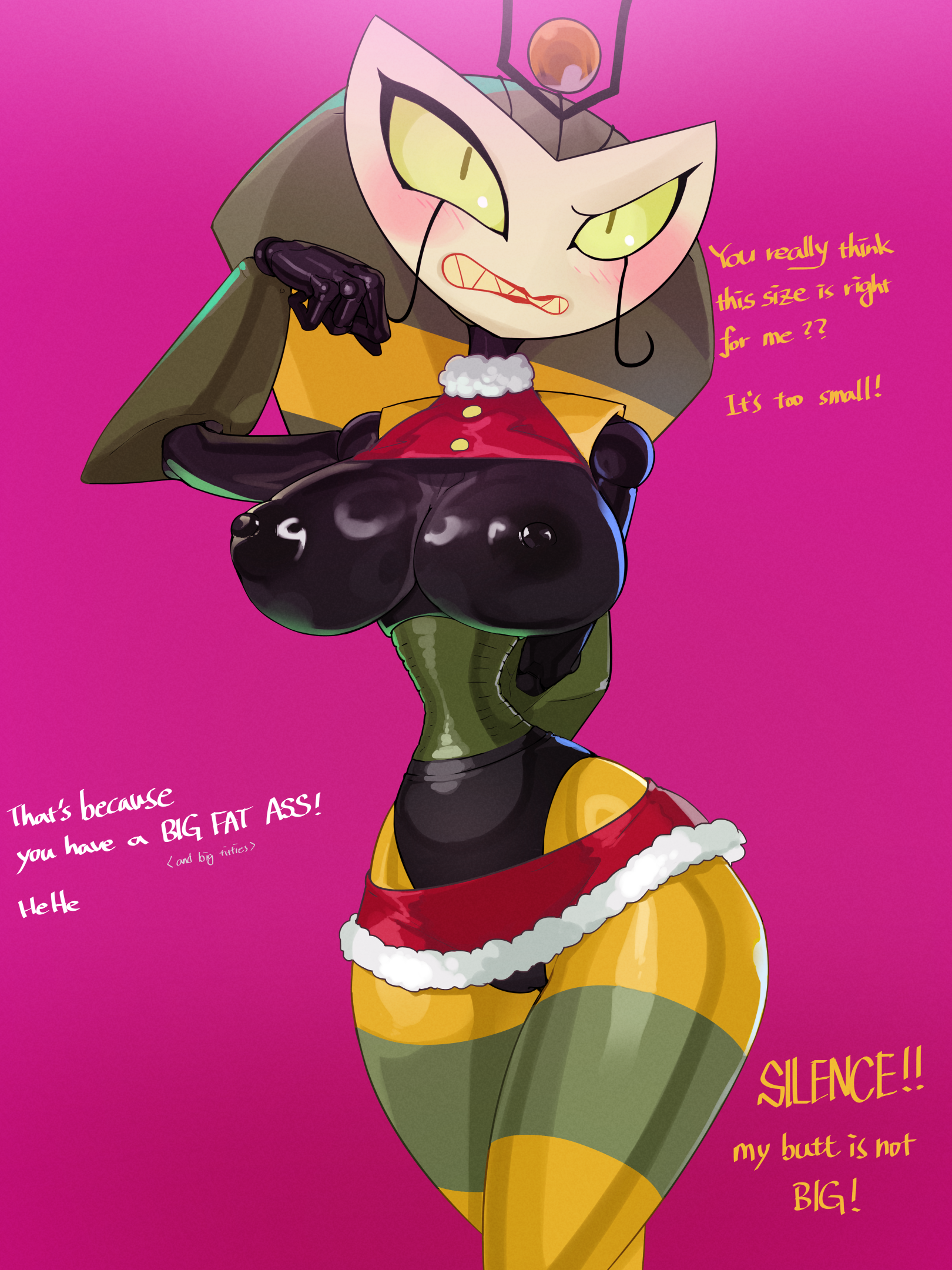 areola, blush, bottomwear, breasts, clothed, clothing, dialogue, english text, female, female only, genitals, hi res, humanoid, mdthetest, miniskirt, my life as a teenage robot, nickelodeon, nipples, no underwear, noseless, nude, nude female, pink background, pussy, queen, queen vexus, royalty, simple background, skirt, solo, teeth, text, vexus, wide hips
