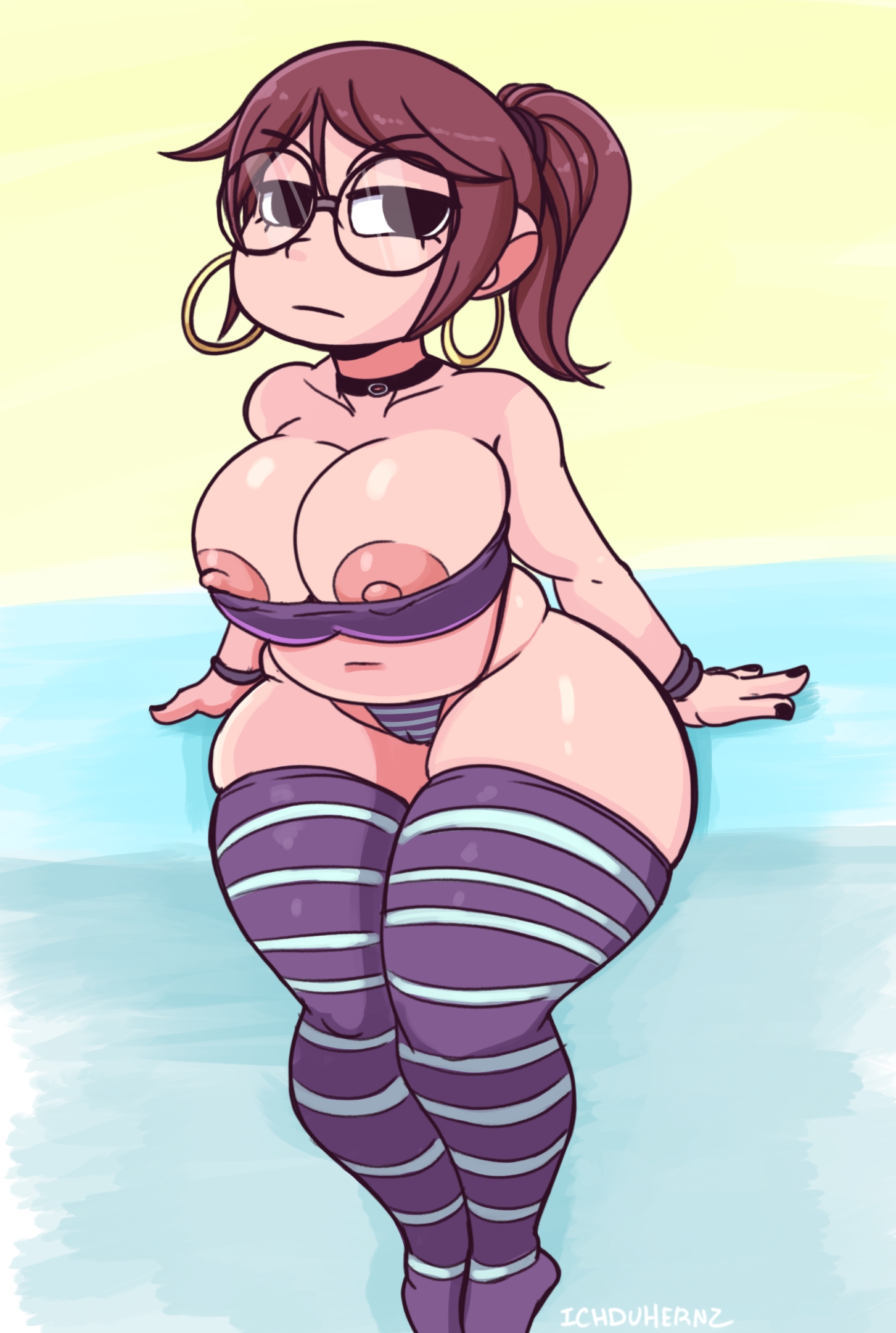 1girls, areola slip, areolae peeking, ass, big ass, big breasts, black eyes, blue legwear, breasts, brown hair, earrings, female, glasses, hoop earrings, ichduhernz, julie powers, legwear, long hair, panties, partially clothed, pointless clothing, ponytail, purple legwear, scott pilgrim, slightly chubby, socks, solo, solo female, stockings, striped legwear, striped panties, stripes, thick, thick thighs, thighhighs, wardrobe malfunction