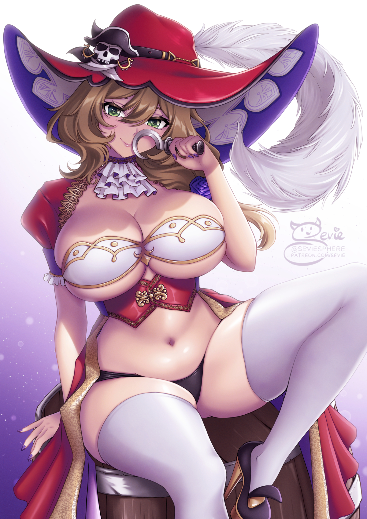 1girls, breasts, brown hair, female, genshin impact, green eyes, hat, hips, huge breasts, large hat, light skin, light-skinned female, lisa (genshin impact), long hair, sevie, solo female, thick thighs, thighs, wide hips