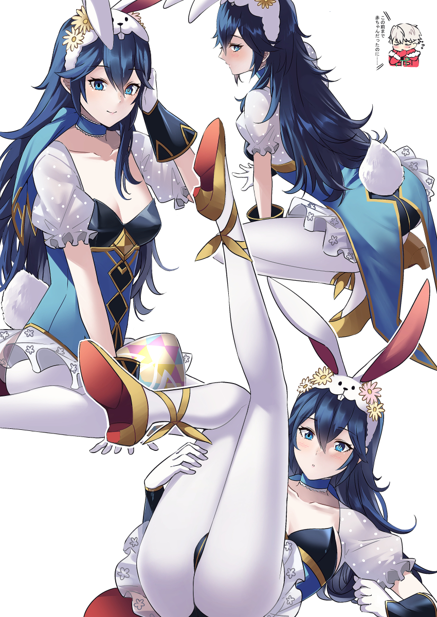 1boy 1girls alternate_costume ameno_(a_meno0) animal_ears ass big_ass blue_choker blue_eyes blue_hair blue_leotard breasts bunny_ears bunny_tail bunnysuit choker fake_animal_ears female female_focus fire_emblem fire_emblem_awakening fire_emblem_heroes gloves highres leotard long_hair lucina_(fire_emblem) lucina_(spring)_(fire_emblem) male mismatched_pupils nintendo official_alternate_costume pantyhose playboy_bunny rabbit_ears robin_(fire_emblem) robin_(fire_emblem)_(male) simple_background small_breasts solo_focus tiara translated very_long_hair white_background white_pantyhose