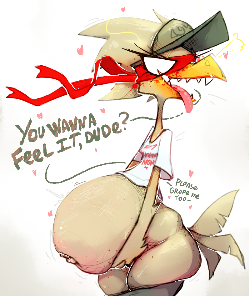 1girls anthro ass avian bandana beak belly big_ass big_belly big_butt bird blush chicken chicken_(nuclear_throne) clothing dialogue empty_eyes english_text feathers female female_only galliform gallus_(genus) heart huge_ass inviting kerchief nuclear_throne pear-shaped_figure phasianid pregnant pregnant_female roksim shirt simple_background solo solo_female standing t-shirt tail_feathers talking_to_viewer teeth text text_on_clothing text_on_topwear thick_thighs tongue tongue_out topwear white_background wide_hips