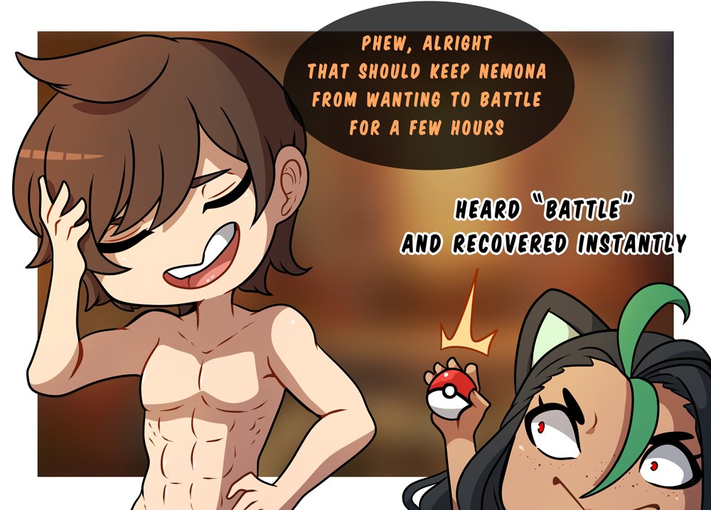 :>, 1boy, 1girls, black hair, brown hair, cat ears, cat girl, catgirl, closed eyes, dark skin, dark-skinned female, dialogue, english text, female, florian (pokemon), freckles, funny, green highlights, kinkymation, male, nemona (pokemon), nintendo, pokeball, pokemon, pokemon sv, red eyes, smile, speech bubble, tuft