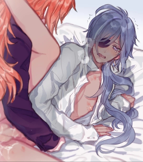 anal, anal insertion, anal sex, artist request, biting, blue eyes, blue hair, clothed sex, crying, crying with eyes open, dark skin, dark-skinned male, diluc (genshin impact), drooling, eyepatch, from side, gay, genshin impact, kaeya (genshin impact), legs apart, legs held open, legs spread, male, male only, moaning, nipple play, nipples, open clothes, open mouth, purple eyes, red hair, sworn brothers, tears, tears in eyes, tears of pain, tears of pleasure