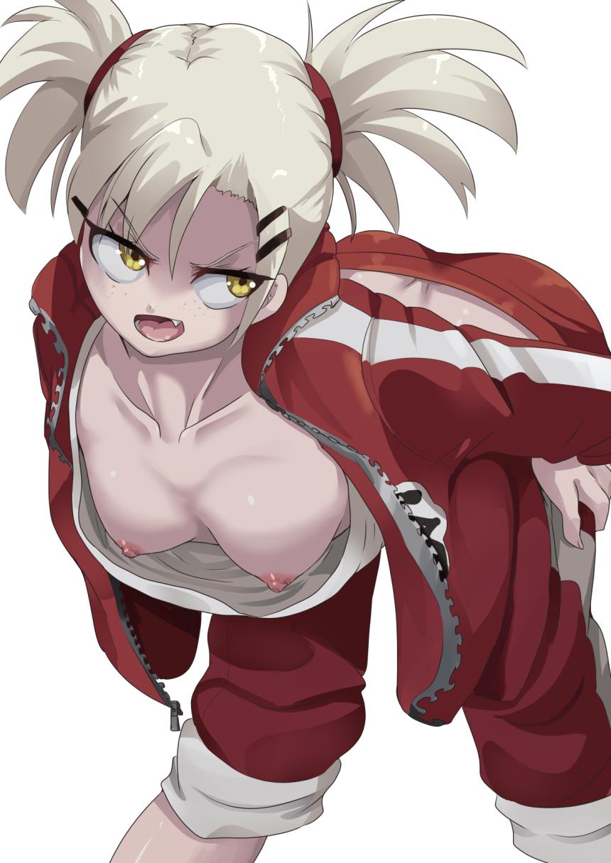 ass bending_over bent_over bleach blonde_hair breasts breasts_out character_name cleavage female female_only freckles hand_on_hip hiyori_sarugaki jersey jumpsuit light-skinned_female light_skin nico-mo nipples oerba_yun_fang open_clothes open_mouth petite sarugaki_hiyori sharp_teeth shirt small_breasts smaller_female smoke solo solo_focus standing twintails white_shirt yellow_eyes