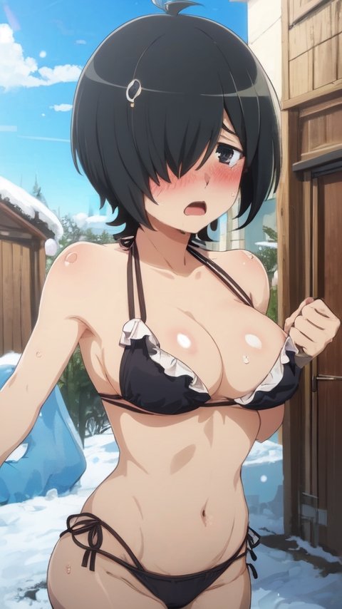 1girls accurate_art_style ai_generated alternate_costume bangs_over_one_eye black_hair blush bra dungeon_ni_deai_wo_motomeru_no_wa_machigatteiru_darou_ka hitachi_chigusa open_mouth panties short_hair sweat