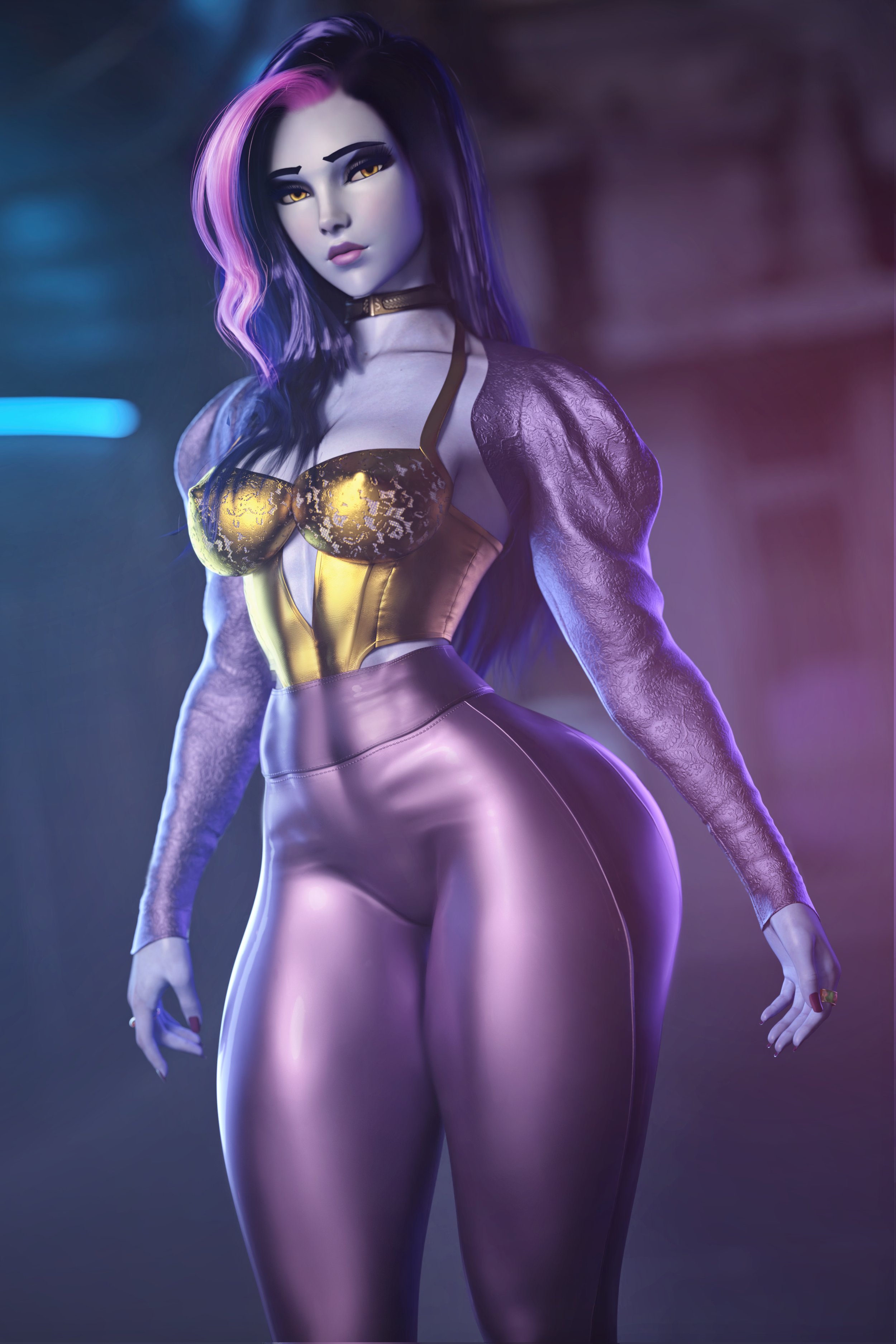 3d, ass, big ass, blizzard entertainment, female, french, french female, noahgraphicz, overwatch, pink highlights, purple hair, purple skin, solo, thick thighs, widowmaker, yellow eyes