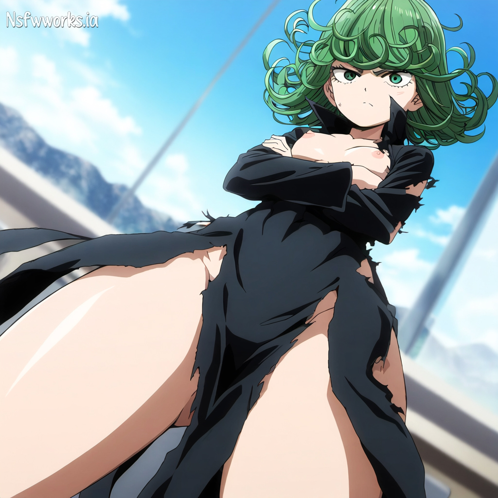 1girls, ai generated, angry face, anime, anime style, breasts, crossed arms, female, female focus, female only, green eyes, green hair, lower body, nipples, nsfwworks.ia, one-punch man, pose, solo, tatsumaki, thighs, torn clothes, tsundere