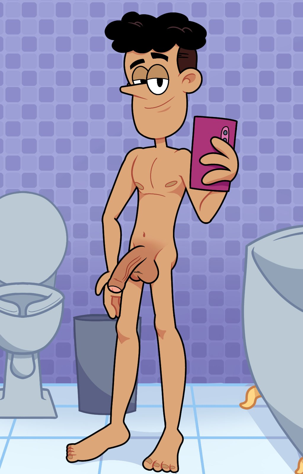 1boy abs balls barefoot bathroom bathroom_selfie bathtub big_head black_hair cellphone feet foreskin half-closed_eyes male male_only masculine mirror_selfie naked nude penis prominent_nose selfie shane_loud smile solo solo_focus solo_male standing the_loud_house toilet toony weasdepiro