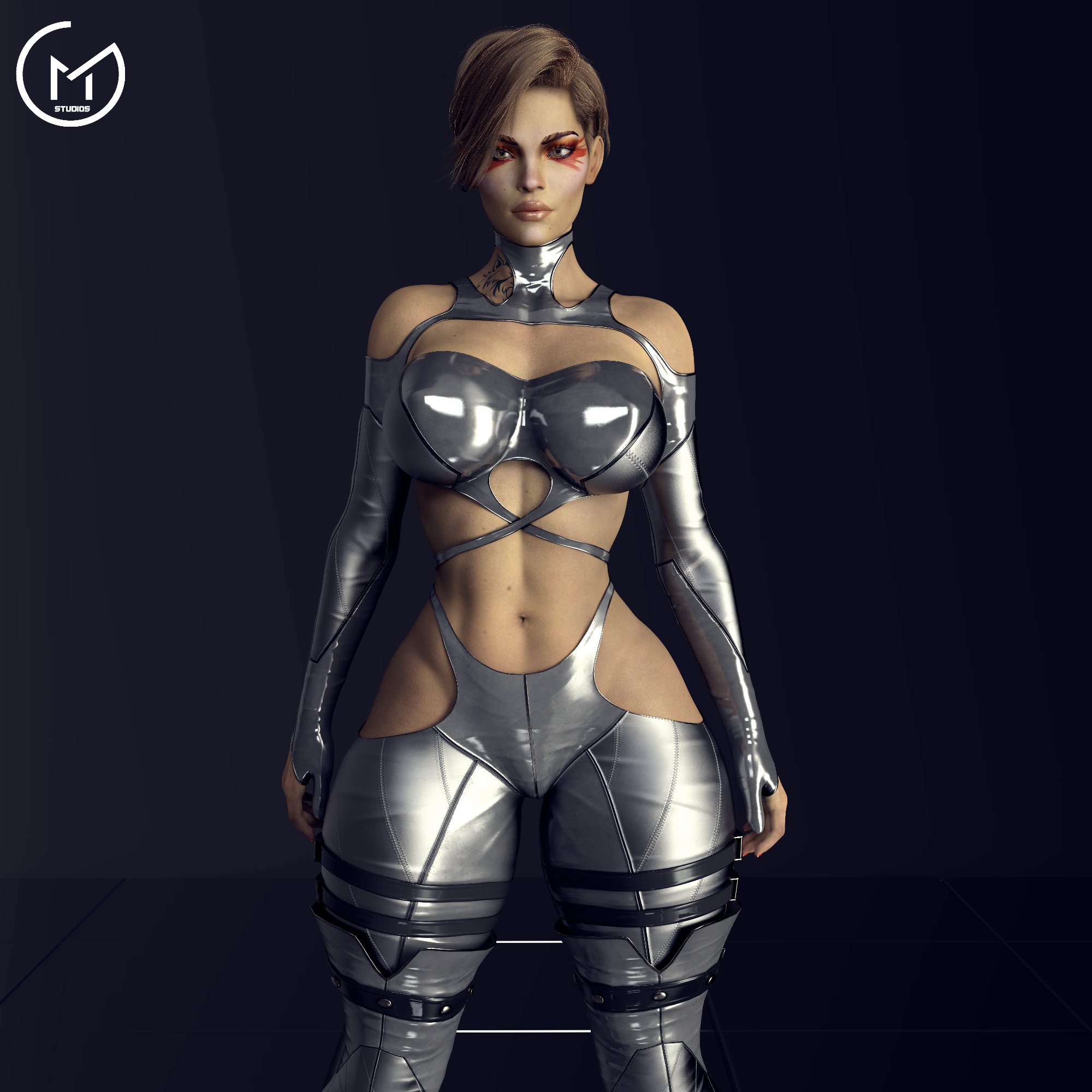 1girls, 3d, apex legends, brown eyes, brown hair, female, female only, gm studios, hi res, loba (apex legends), midriff, short hair, solo, wide hips