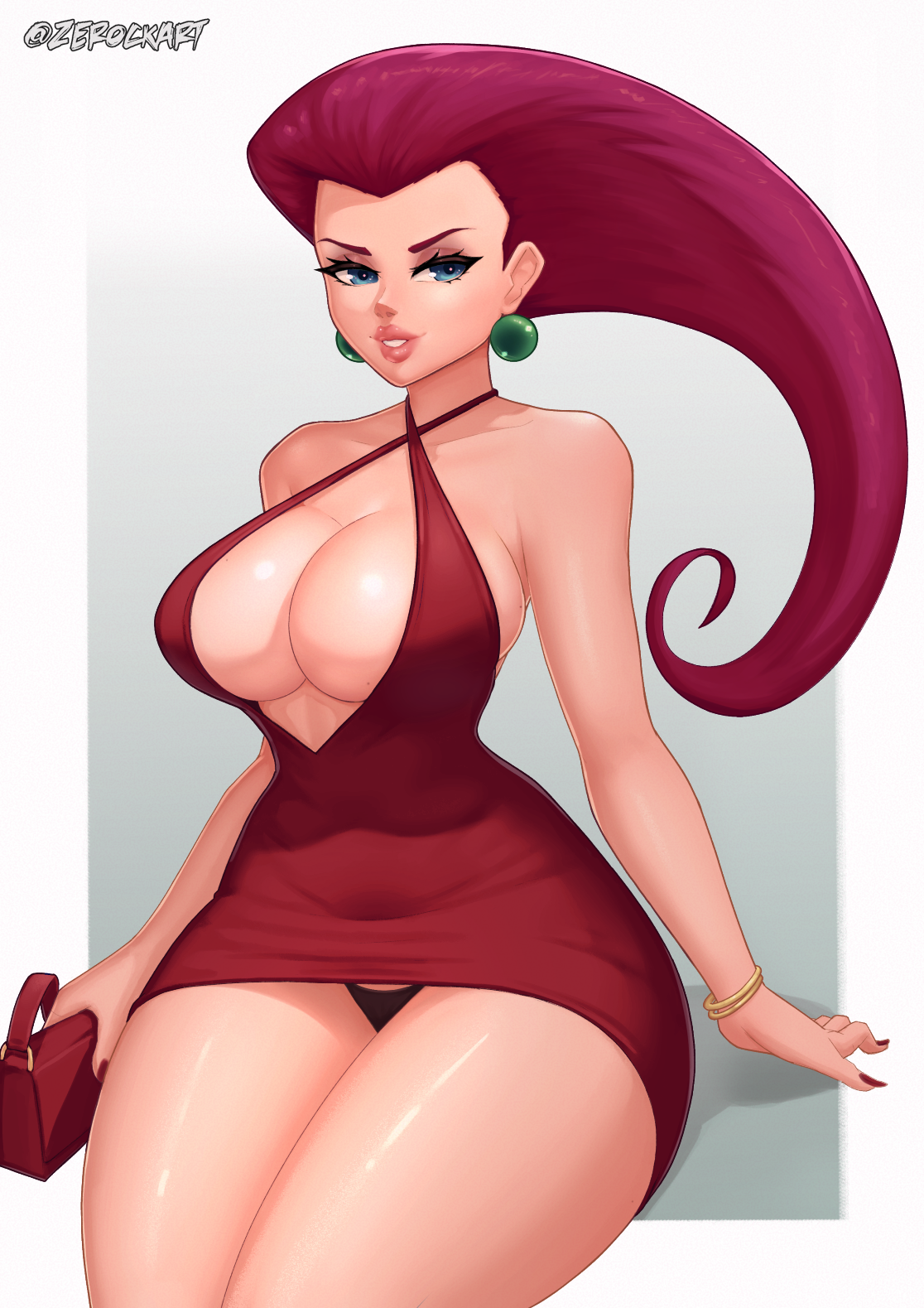 1girls, armwear, big breasts, big lips, black panties, blue eyes, bracelet, breasts, cleavage, dress, ear piercing, earrings, female, female only, hair, hips, huge breasts, jessie (pokemon), lips, long hair, mature, mature female, nail polish, nails, panties, pink hair, pokemon, pokemon (anime), purse, red dress, red nail polish, red nails, short dress, solo, solo female, thick lips, thick thighs, thighs, zerockart