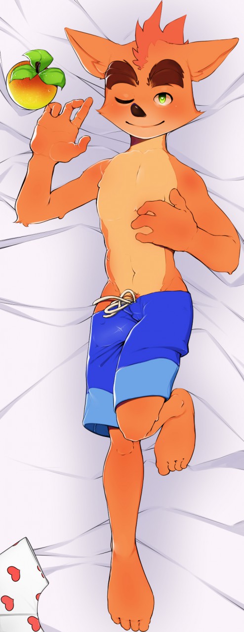 1boy 2019 anime_style anthro bandicoot barefoot bed_sheet black_nose bluesnesscasual brown_eyebrows bulge crash_(series) crash_bandicoot dakimakura_design fruit fur furry furry_male furry_only gay green_eyes heart_underwear lowres male male_only marsupial orange_fur penis_outline pubic_hair pubic_hair_peek red_hair shorts smile solo sweatdrop tagme tan_fur two_tone_fur underwear video_games wink wumpa_fruit