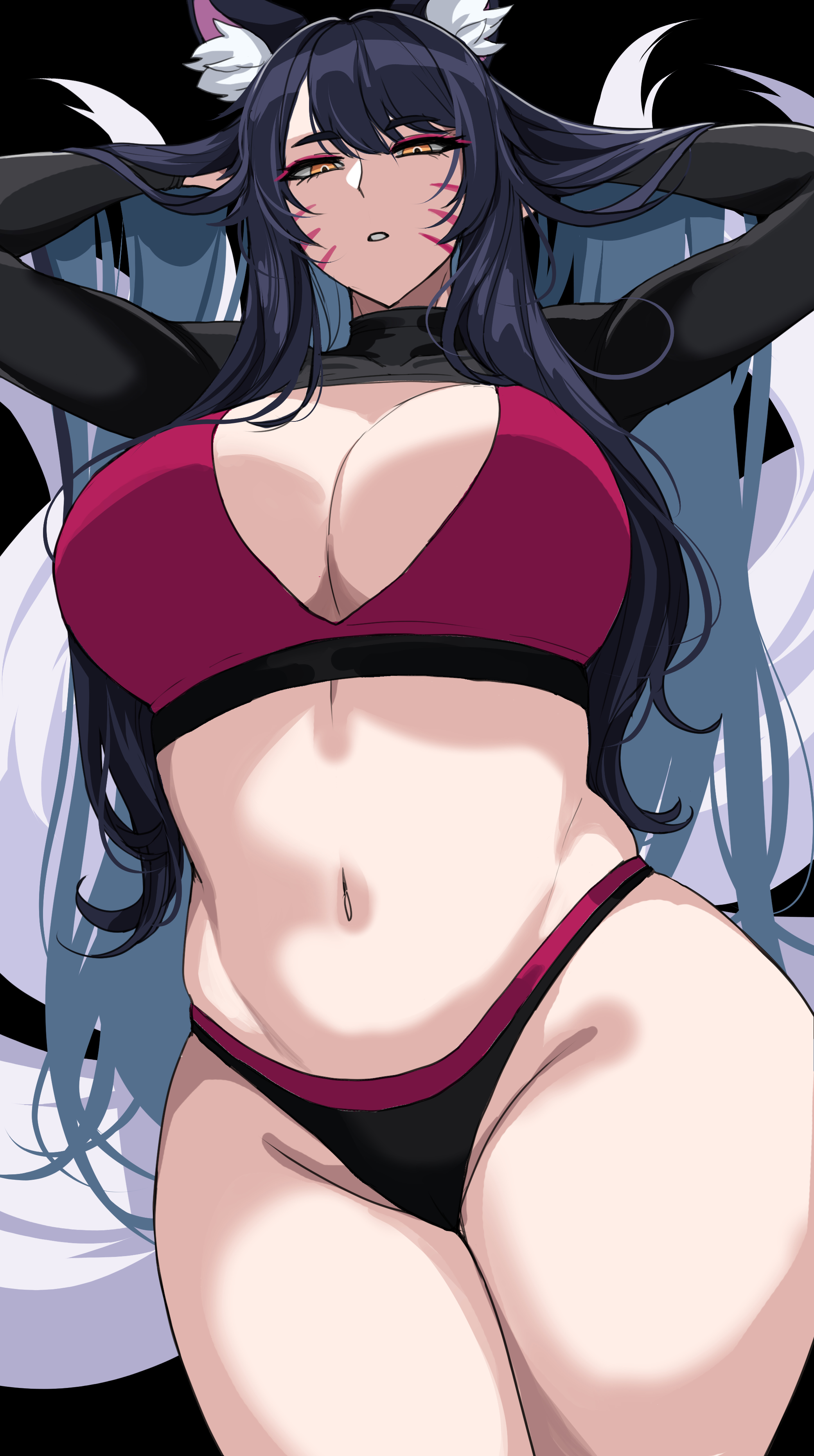 1girls, ahri, black hair, breasts, cleavage, drogod (artist), female, fox ears, fox girl, hands behind head, hi res, hips, horny, kitsune, large breasts, league of legends, light skin, light-skinned female, long hair, looking at viewer, multi tail, riot games, tail, tails, thick thighs, thighs, wide hips, yellow eyes