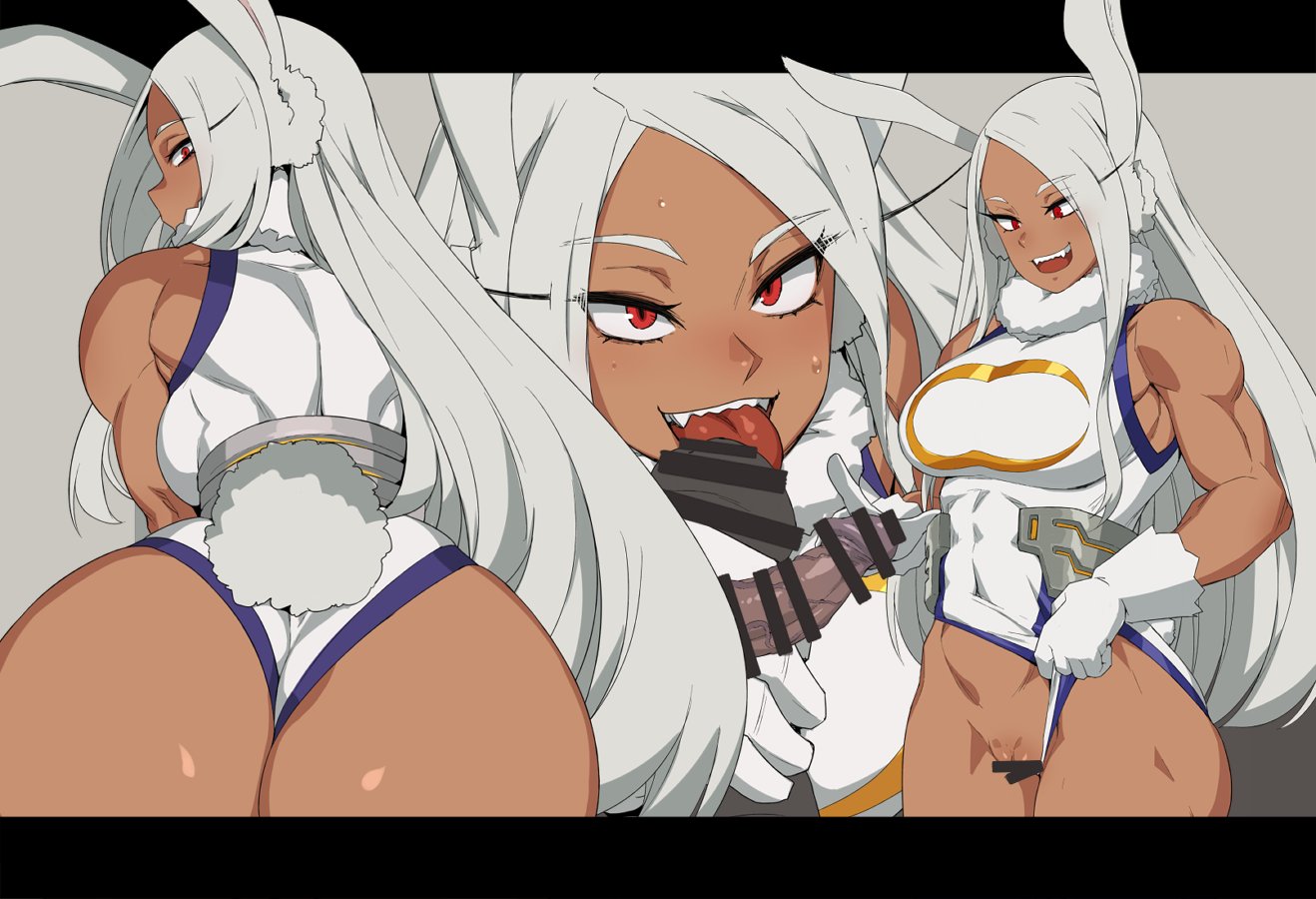 abs, ass, athletic, athletic female, big ass, big breasts, boku no hero academia, breasts, bubble ass, bubble butt, bunny ears, bunny girl, censored, dark skin, dark-skinned female, disembodied penis, female, hero outfit (mha), kemonomimi, large breasts, male, mikoyan, miruko, muscular, muscular female, my hero academia, penis, rumi usagiyama, superheroine, thick thighs, wide hips