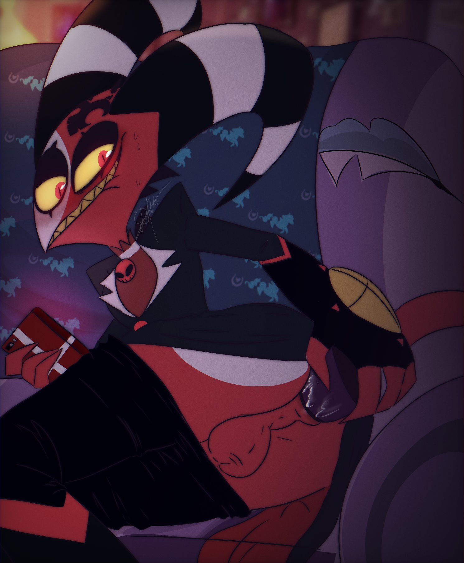 1boy, anal, anal insertion, anal sex, anthro, anthro only, anthrofied, anus, anus peek, armwear, ass, balls, balls in panties, balls under clothes, blitzo (helluva boss), blush, bodily fluids, clothed, clothed sex, clothes down, clothes removed, clothing, demon, demon boy, demon tail, dildo, dildo in ass, dildo insertion, dildo penetration, dildo under panties, femboy, gay, half-closed eyes, half-dressed, helluva boss, holding dildo, holding phone, horn, horns, horny, kkcq20yk0db5mak, long tail, looking down, male, male focus, male only, male penetrated, mammal, on sofa, panties aside, panties down, pants, pants down, penetration, phone, red ass, red body, red eyes, red skin, sharp teeth, smile, sofa, solo, solo male, sweat, testicles, two-tone body, two-tone skin, vivienne medrano, white body, white skin, yaoi