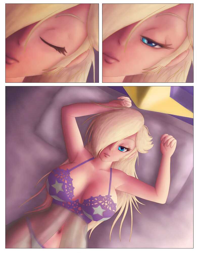 1female bed bedroom bedroom_eyes blue_eyes breasts casual_clothes cushion eyes_half_open female female_only hair_over_one_eye hi_res large_breasts light_blue_panties long_hair lying lying_on_bed mario_(series) nintendo on_bed page_1 platinum_blonde_hair portrait princess princess_rosalina purple_suit saf-404 saf404 saf_404 safartwoks safartworks solo super_mario_galaxy video_game_character wake_up