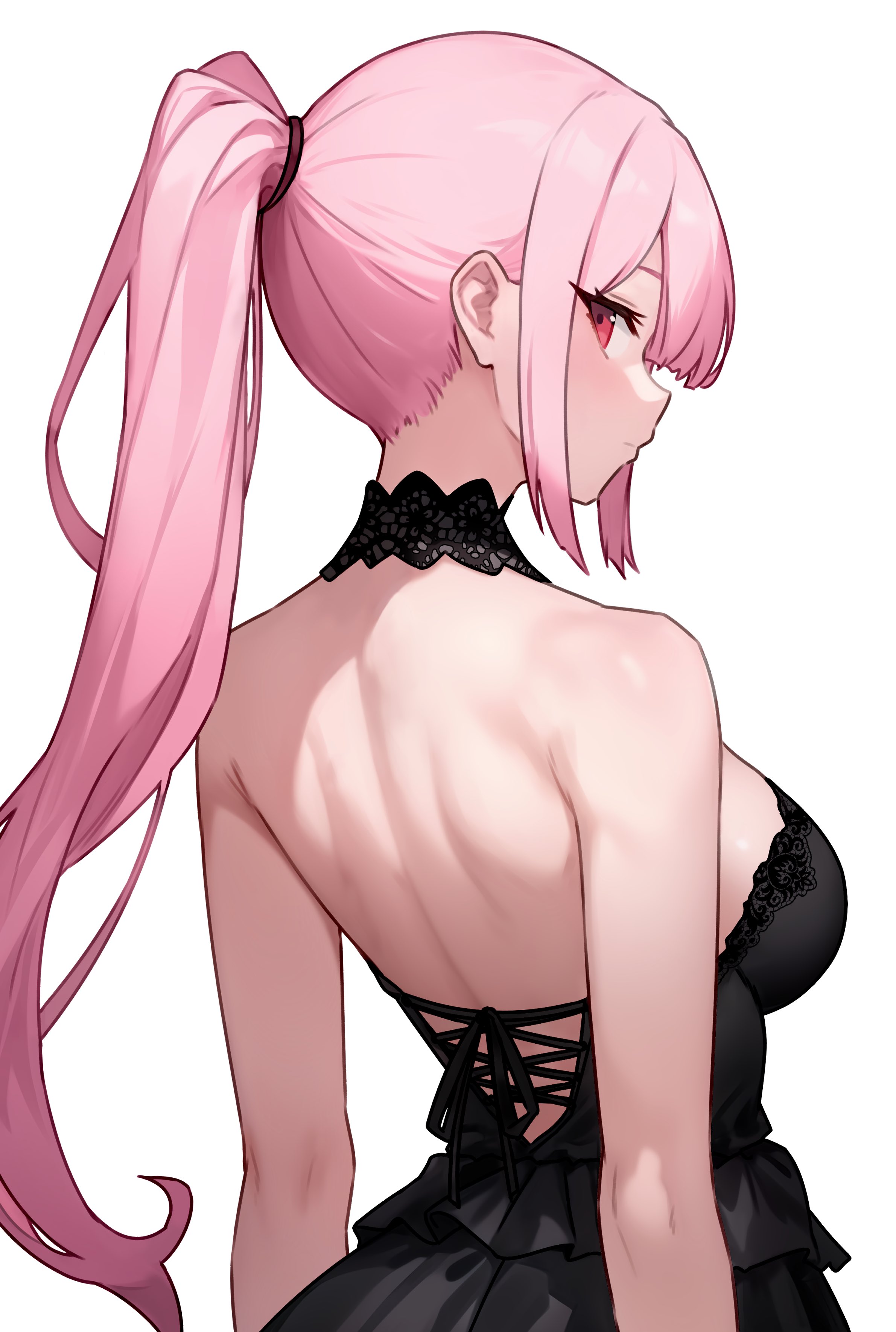 1girls, back, backboob, bluefield, breasts, female, hi res, hololive, hololive english, hololive myth, large breasts, light skin, light-skinned female, long hair, mori calliope, pink eyes, pink hair, simple background, virtual youtuber