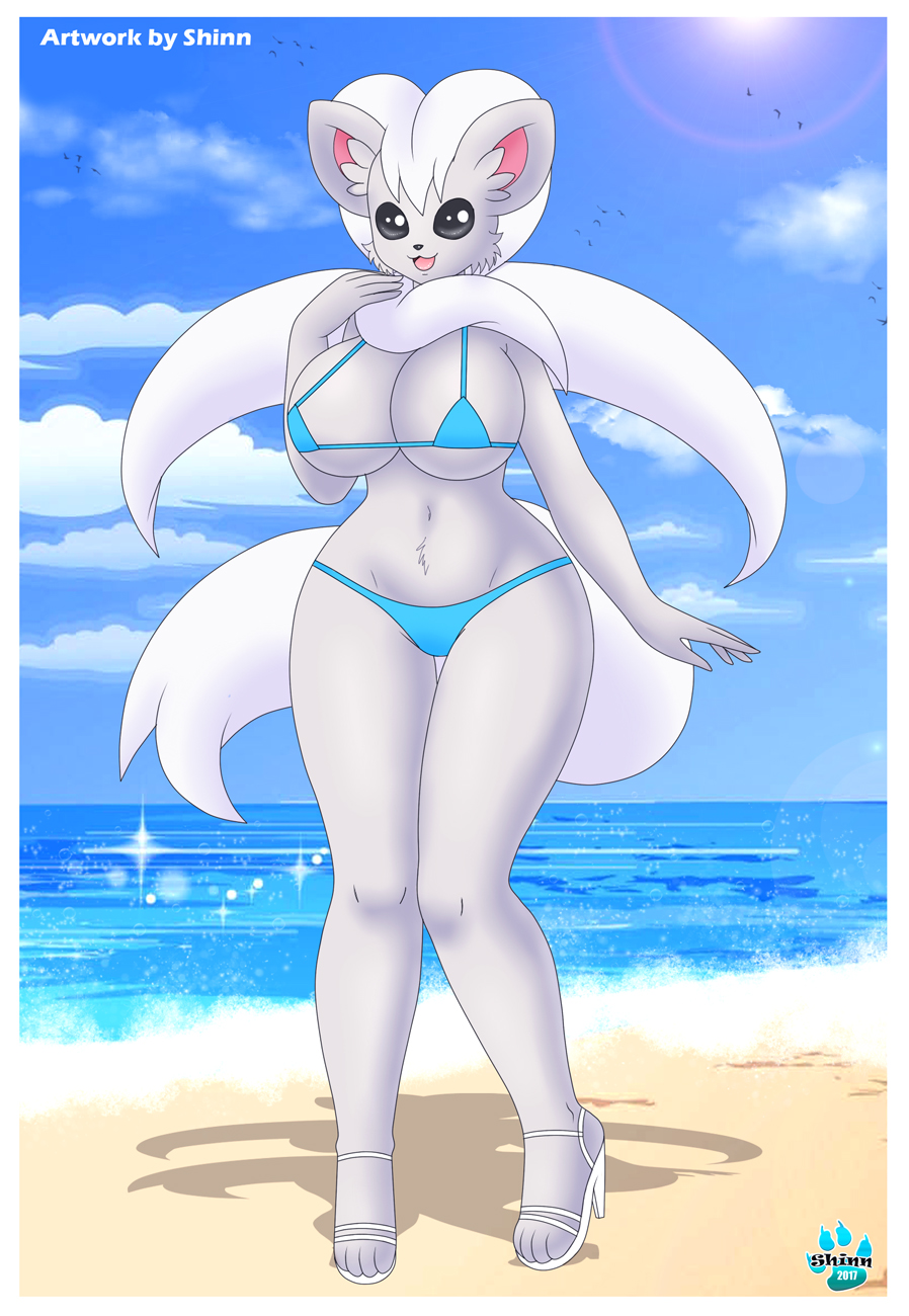 anthro beach bikini breasts chinchilla cinccino fur furry heels midriff pokémon_(species) pokemon sand shinn sky tagme tail thick_thighs