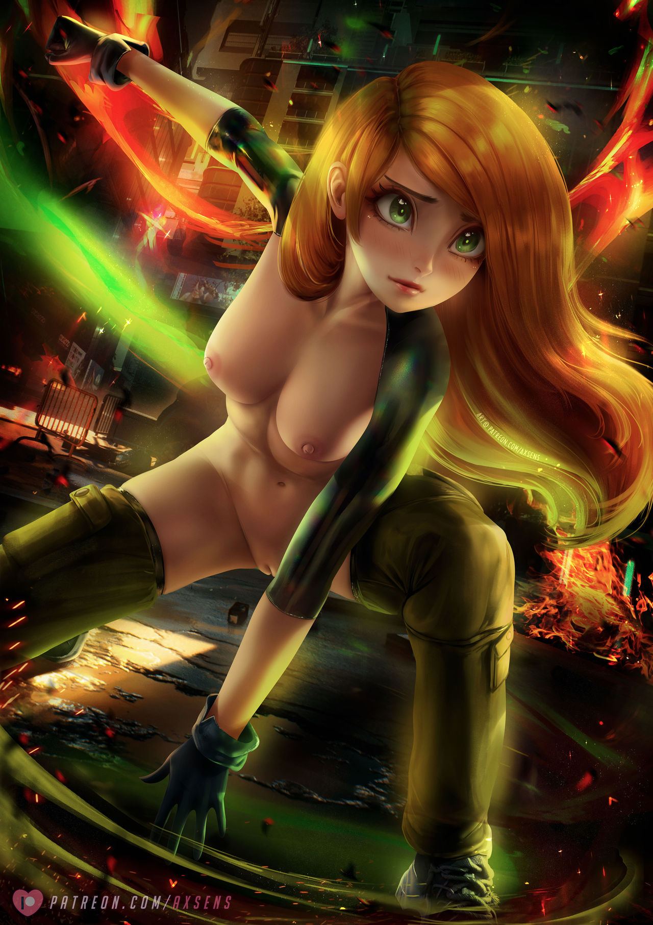 1girls, axsens, big breasts, bottomless, breasts, breasts out, clothed, clothed female, color, colored, disney, disney channel, female, female focus, female only, functionally nude, human, kim possible, kimberly ann possible, nipples, no panties, nude, nude female, partially clothed, pussy, solo, solo female, solo focus, uncensored, vagina, young