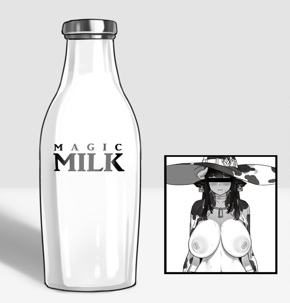 animal_ears animal_print areolae bangs bar_censor blunt_bangs blush bottle breasts cape censored covered_eyes cow_ears cow_girl cow_horns cow_print cow_witch_(houtengeki) ear_tag female gloves hat horns houtengeki huge_breasts identity_censor lactation large_areolae long_hair milk milk_bottle navel nipples original photo_(object) slq sweat upper_body witch_hat