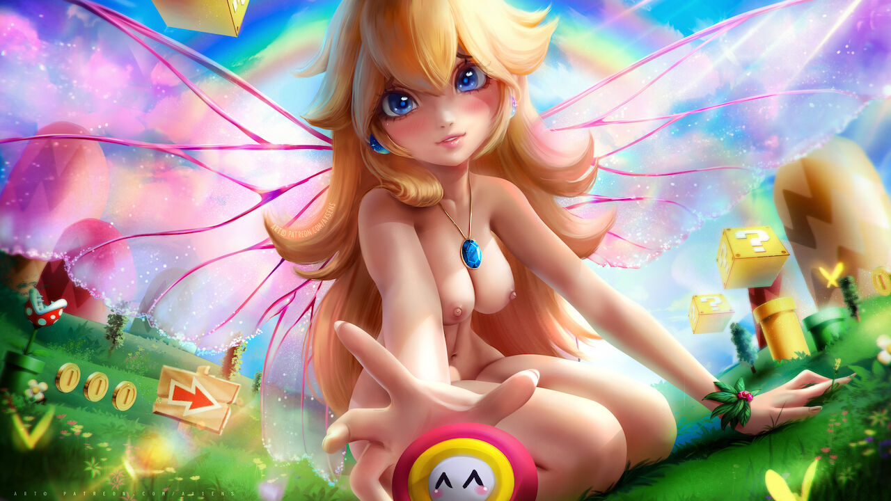 axsens, blonde, blonde female, blonde hair, female, fire flower, laying, mario (series), naked, princess peach, sitting, super mario bros., tagme