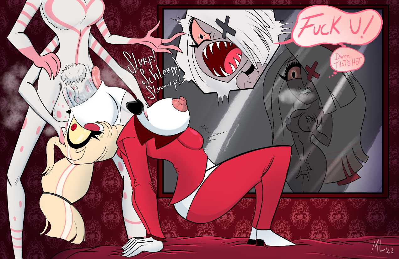 ameizing lewds, angel dust (hazbin hotel), charlie morningstar (hazbin hotel), cheating, cheating girlfriend, deepthroat, demon, demon girl, female, hazbin hotel, huge cock, hung trap, hyper penis, male, masturbation, netorare, ntr, penis, stomach bulge, vaggie (hazbin hotel)
