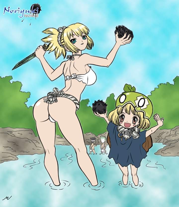 2boys 2girls ass bikini blonde_hair breasts brown_eyes bubble_ass bubble_butt chrome_(dr.stone) dr.stone female_only fundoshi green_eyes ishigami_senku knife kohaku_(dr.stone) looking_back noriyuki83 river small_ass small_breasts small_butt suika_(dr.stone) tagme water white_bikini