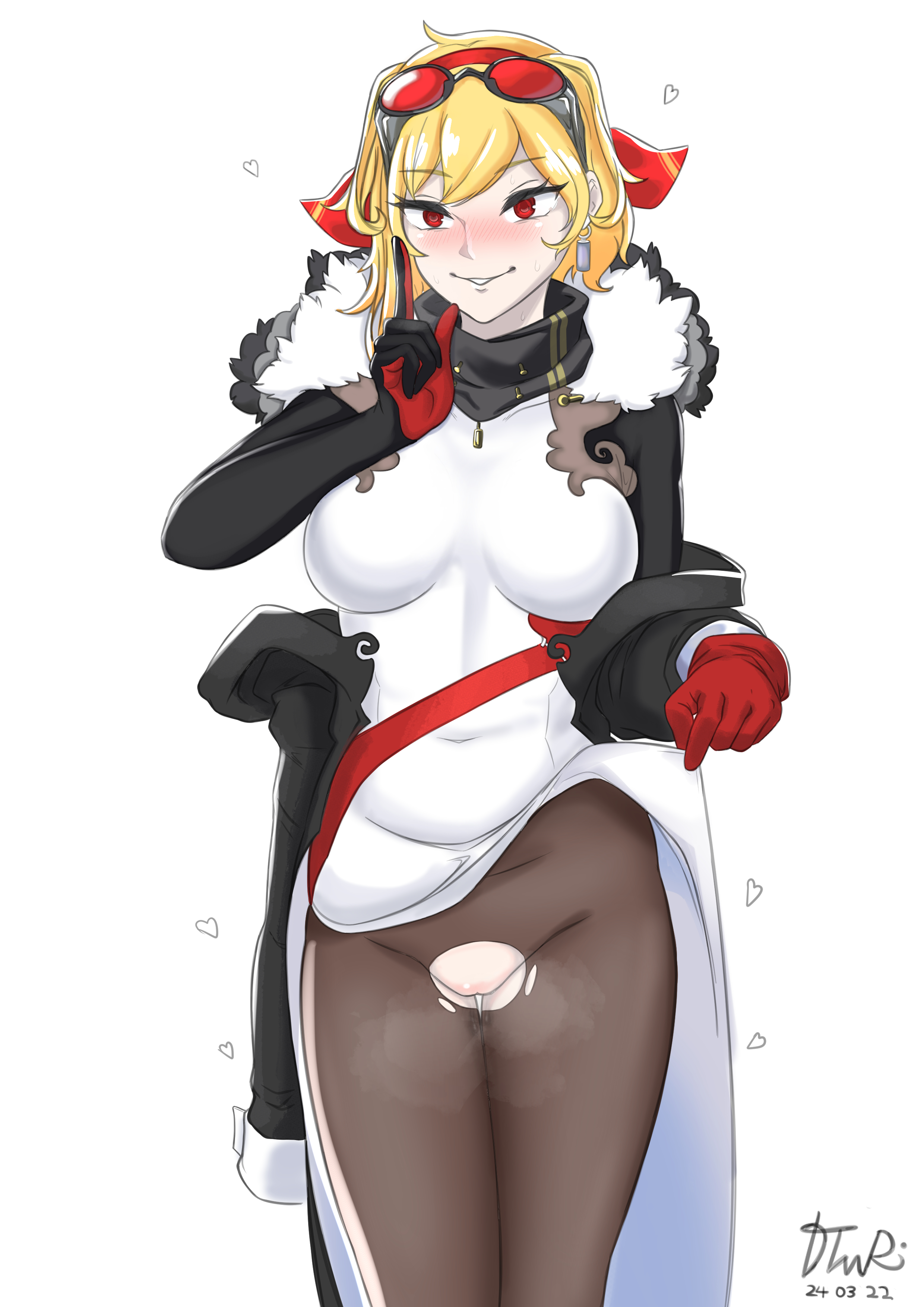 belly button, belly button visible through clothing, big breasts, blonde hair, blush, blushing, blushing at viewer, breasts, cyngapra, earrings, eyebrows visible through hair, female, glasses, gloves, hair ornament, hololive, hololive indonesia, hololive indonesia holoh3ro, kaela kovalskia, lifted by self, light skin, light-skinned female, long gloves, looking at viewer, pale skin, pale-skinned female, pussy, pussy peek, red eyes, ripped clothing, smug, thighs, virtual youtuber, yellow hair