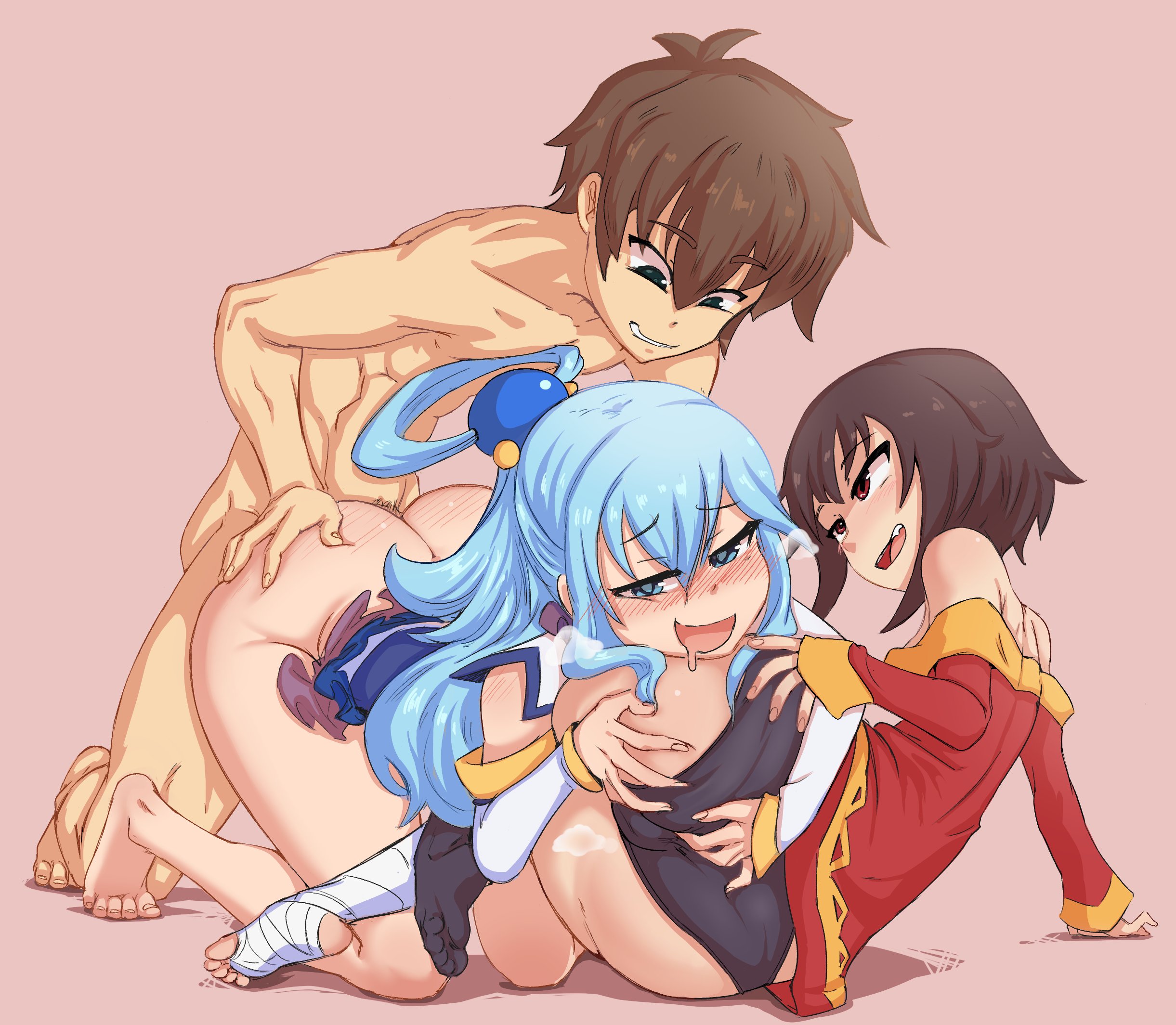 1boy, 2girls, ambiguous penetration, aqua (konosuba), ass, ass grab, bard-bot, big ass, blue eyes, blue hair, bottomless, breasts, brown hair, cameltoe, female, ffm threesome, fingering, kono subarashii sekai ni shukufuku wo!, light skin, light-skinned female, light-skinned male, long hair, male, megumin, miniskirt, multiple girls, no panties, panties, penetration, pussy, red eyes, satou kazuma, sex, short hair, skirt, threesome