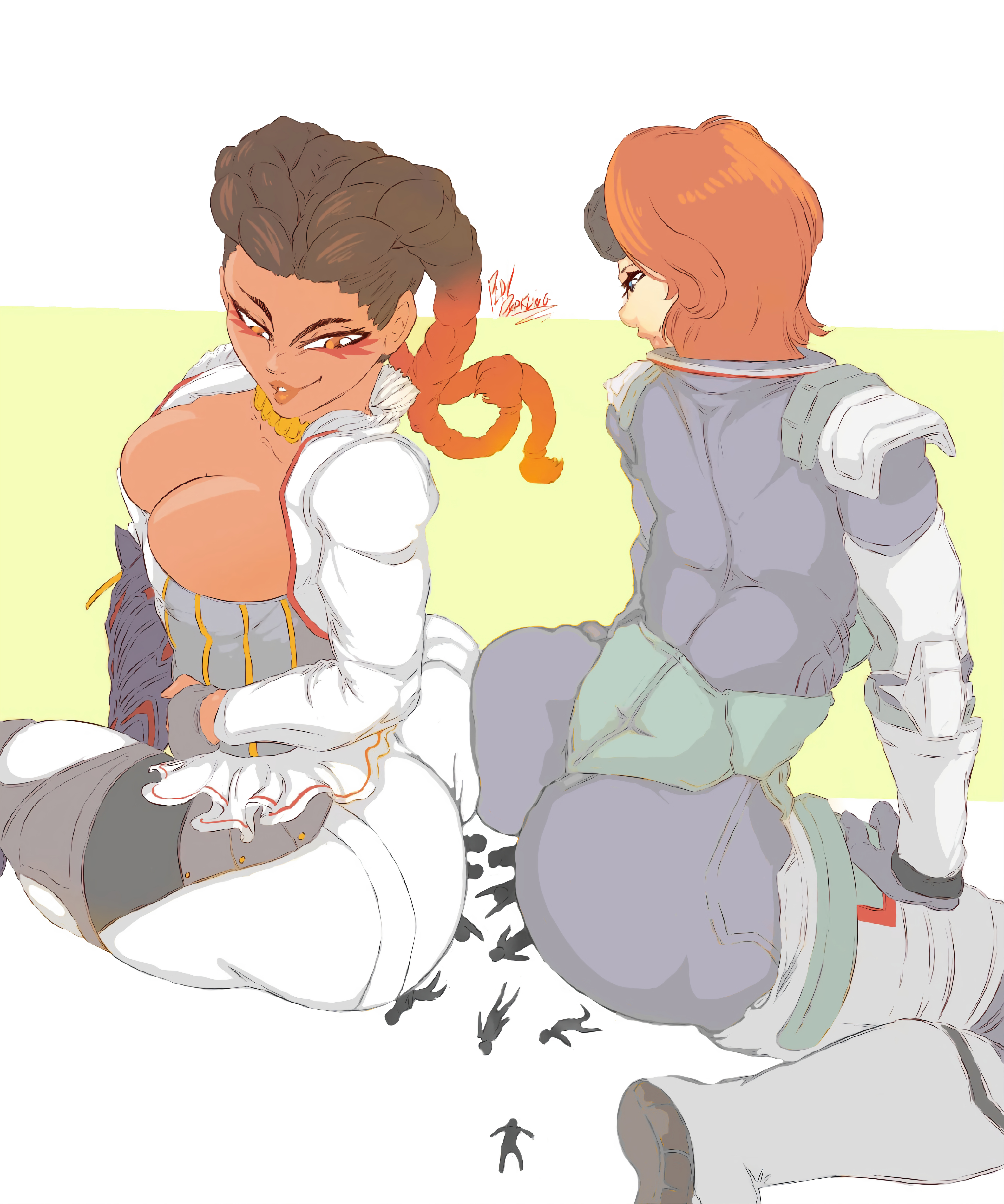 2d, 2girls, apex legends, ass, ass squeeze, back view, belt, big hips, big thighs, bottom heavy, breasts, breasts out, brown hair, bubble ass, bubble butt, cleavage, darklingperv, female, female focus, giantess, gigantic ass, gigantic butt, growth, horizon (apex legends), huge ass, huge breasts, huge butt, jumpsuit, latina, loba (apex legends), looking at another, macro, macro/micro, multiple females, multiple girls, red hair, simple background, size difference, stretched clothing, thick, thick ass, thick hips, thick thighs, tight clothes, tight clothing, tights, viewed from behind