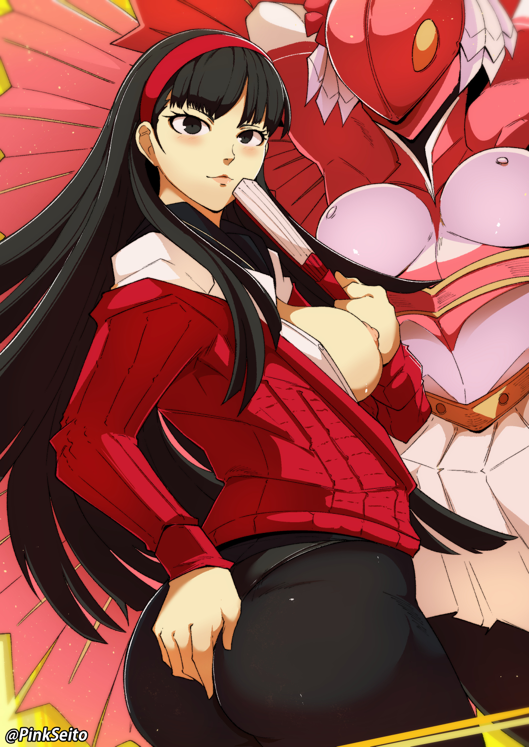 1girls, amagi yukiko, ass, big ass, black hair, blush, breasts, exposed breasts, female, grabbing own ass, hairband, long hair, nipples, persona, persona 4, pinkseito, sideboob, solo, standing