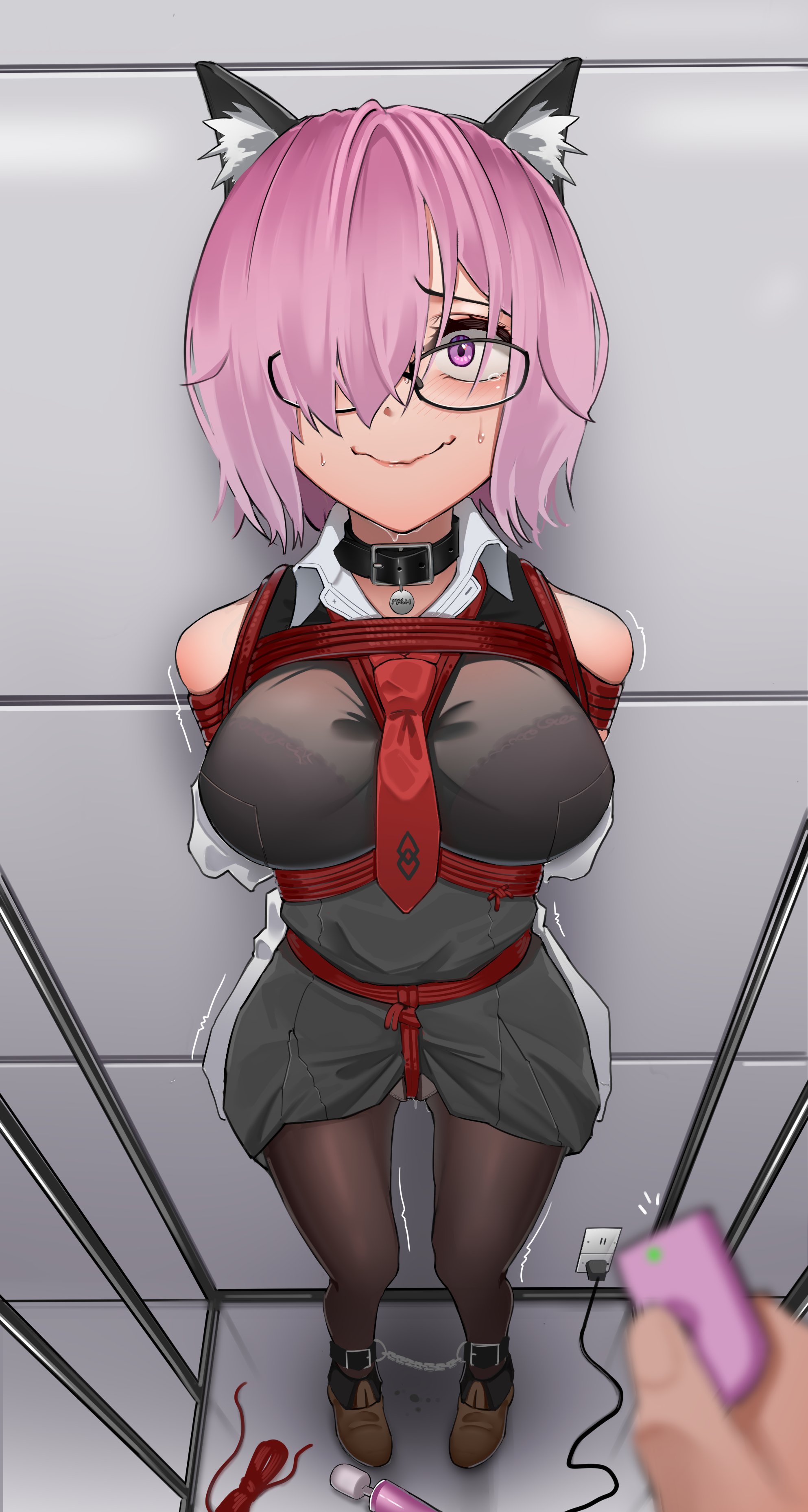 against wall, ankle cuffs, bell, bondage, bound, bra, bra visible through clothes, collar, crotch rope, fate (series), fate/grand order, female, femsub, glasses, harris hero, hitachi magic wand, mash kyrielight, purple hair, rope, rope bondage, shibari over clothes, slq, standing sex, trembling, vibrator, wavy mouth