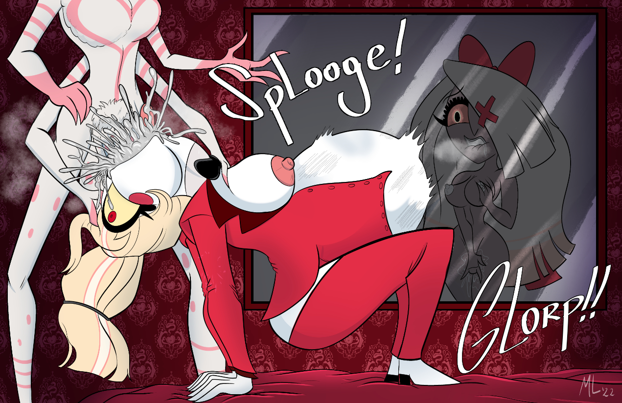 1boy, 2girls, ameizing lewds, angel dust (hazbin hotel), big belly, charlie morningstar (hazbin hotel), cheating, cheating girlfriend, cum, cum in mouth, cum inside, cumflated belly, cumflation, deepthroat, demon, demon girl, female, hazbin hotel, huge cock, hung trap, hyper cumflation, hyper penetration, hyper penis, inflation, male, masturbation, netorare, ntr, onomatopoeia, oral, oral sex, penis, pubic hair, straight, throat bulge, vaggie (hazbin hotel)