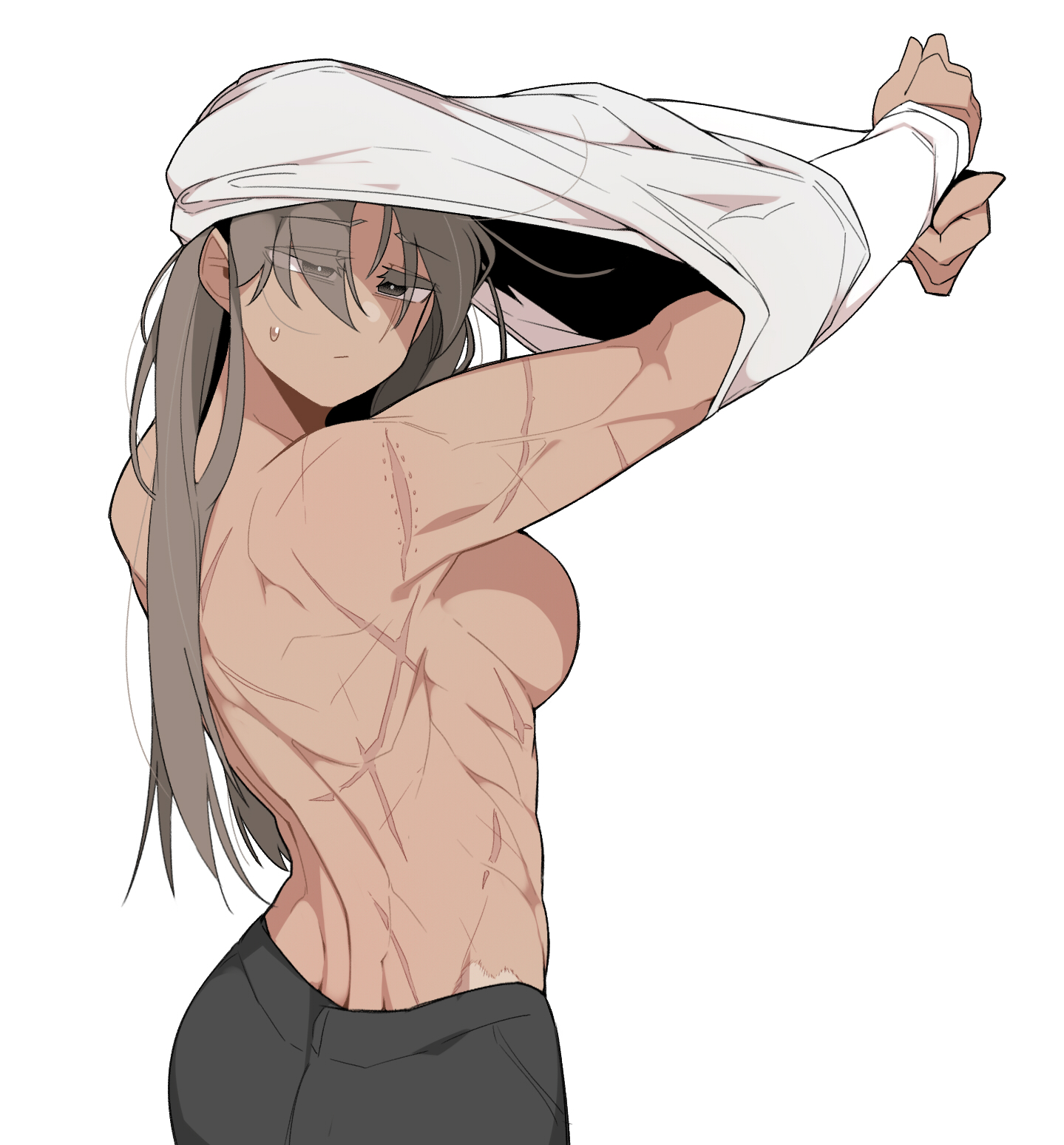 1girls, big breasts, breasts, breathing, eyes visible through hair, female, female only, muscular, muscular female, oddsnail, pov, scar across eye, seo miran, sweating, tan skin, tomboy