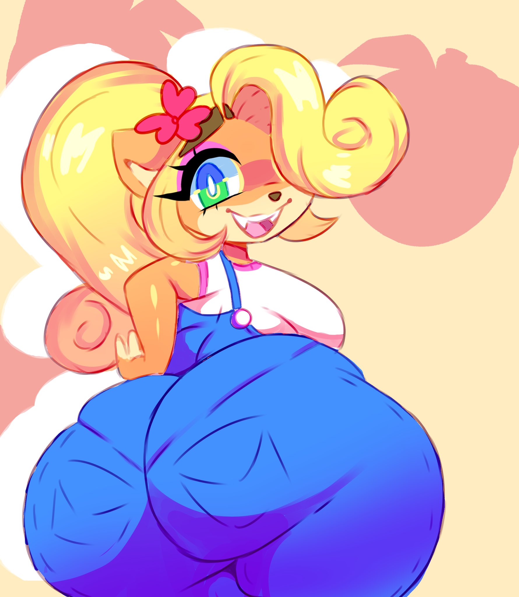 1girls, activision, ass, backboob, big ass, big breasts, big butt, blonde hair, breasts, bubble ass, bubble butt, busty, coco bandicoot, crash (series), curvy, cute, fangs, fat ass, female, female only, green eyes, hair over one eye, hairbow, large ass, large breasts, looking at viewer, looking back, makeup, moonraige, open mouth, orange body, orange fur, orange skin, overalls, pantylines, simple background, smile, smiling, smiling at viewer, solo, solo female, tagme, thick thighs, thighs, underwear outline, voluptuous