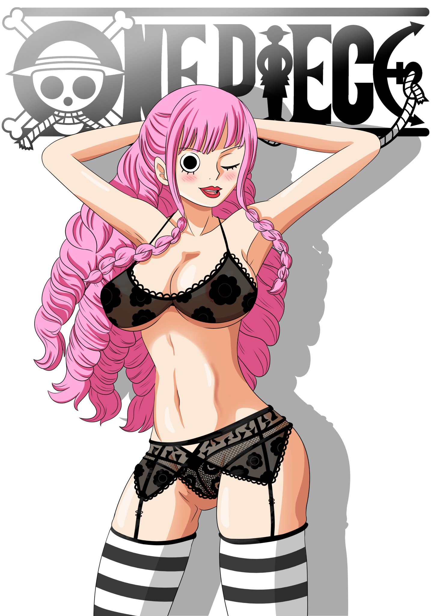 1girls, arms above head, arms up, big breasts, black eyes, blush, braids, breasts, cleavage, female, female only, garter belt, lingerie, logo, long hair, one piece, perona, philsdrawings1, pink hair, pink-haired female, post-timeskip, revealing, shadow, solo, striped legwear, thighhighs