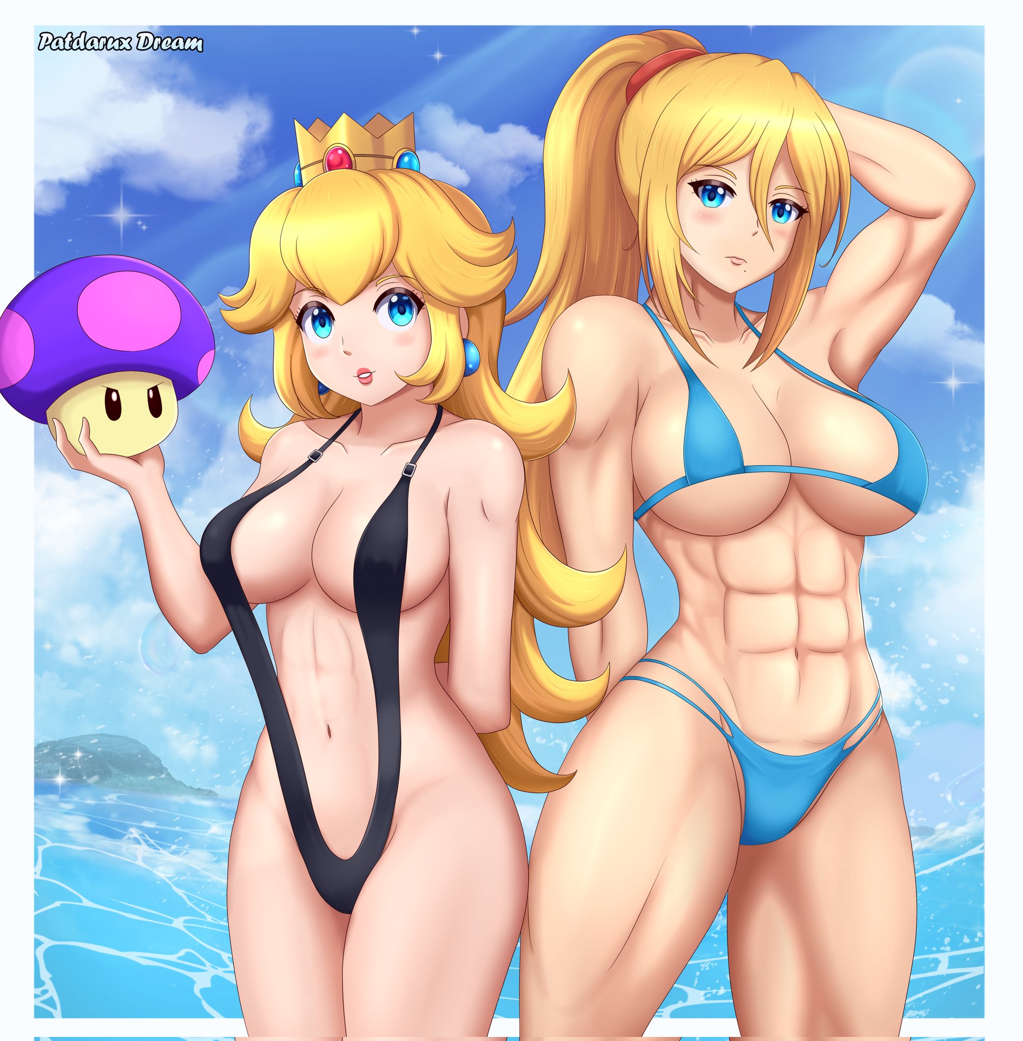 2d, 2girls, abs, alternate costume, armpits, blonde hair, breasts, clothed, crossover, digital media, female, female only, mario (series), metroid, multiple females, multiple girls, muscular, muscular female, mushroom, nintendo, outdoors, outside, patdarux, princess peach, samus aran, super mario bros., tagme