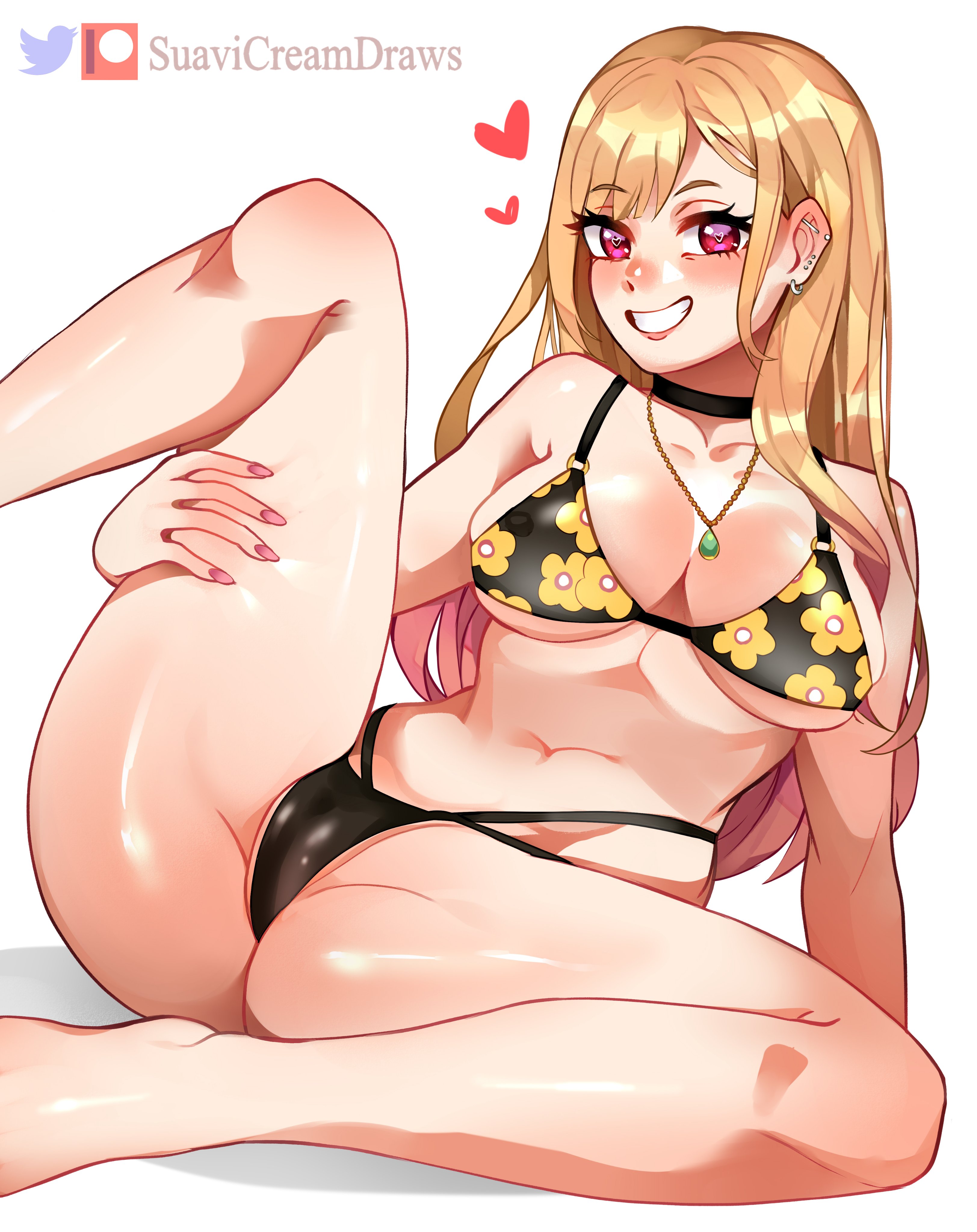 1girls, big breasts, bikini, blonde hair, blush, breasts, cameltoe, choker, eye contact, female, female focus, female only, gyaru, kitagawa marin, long hair, looking at viewer, pink eyes, pussy, smile, solo, sono bisque doll wa koi wo suru, suavicreamdraws