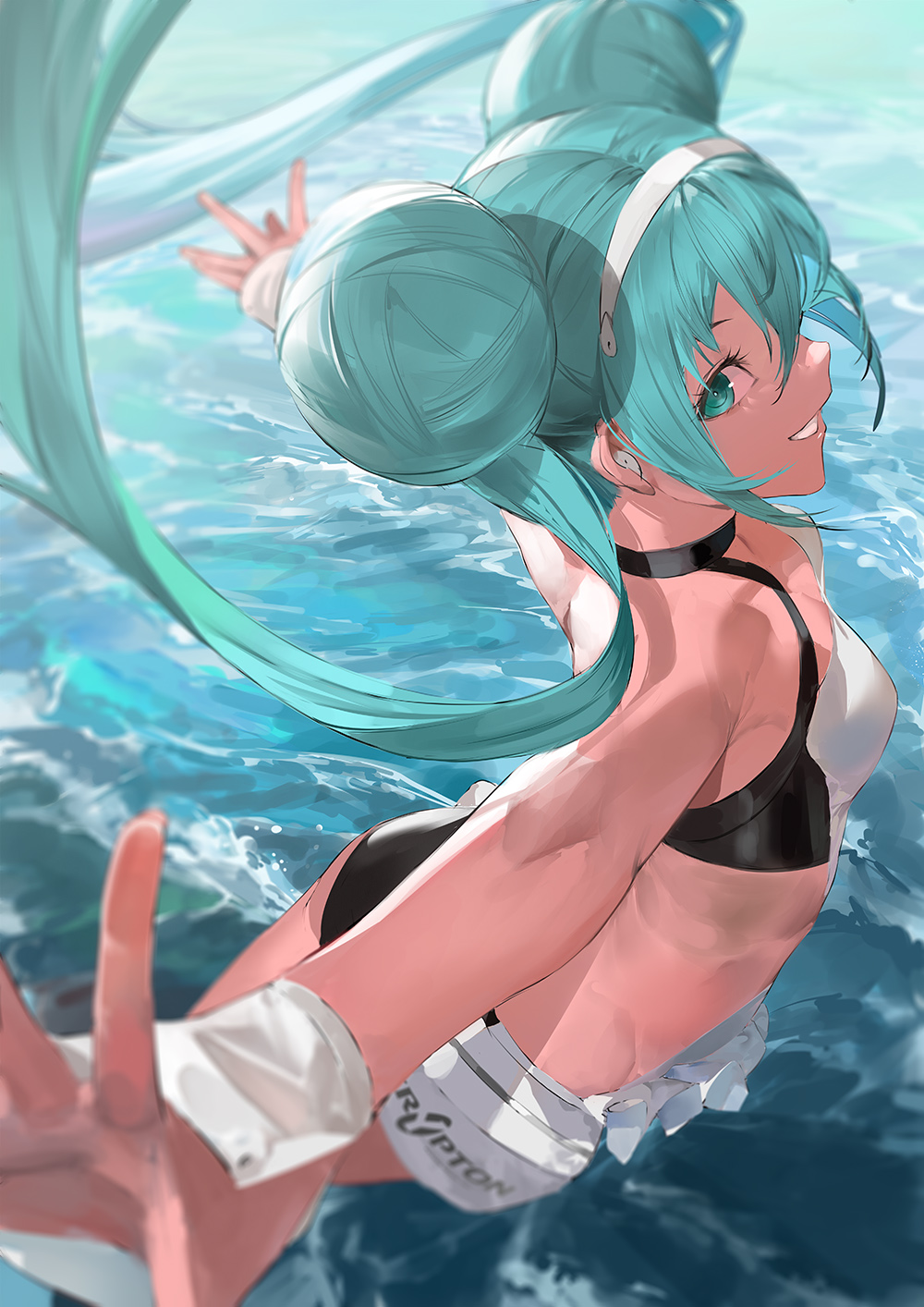 1girl, aqua eyes, aqua hair, ass, bikini, blue eyes, blue hair, breasts, cute, double bun, female, from above, grin, hair bun, hairband, hatsune miku, long hair, looking at viewer, outstretched arms, shorts, smile, solo, spread arms, swimsuit, twintails, very long hair, vocaloid, water, wrist cuffs