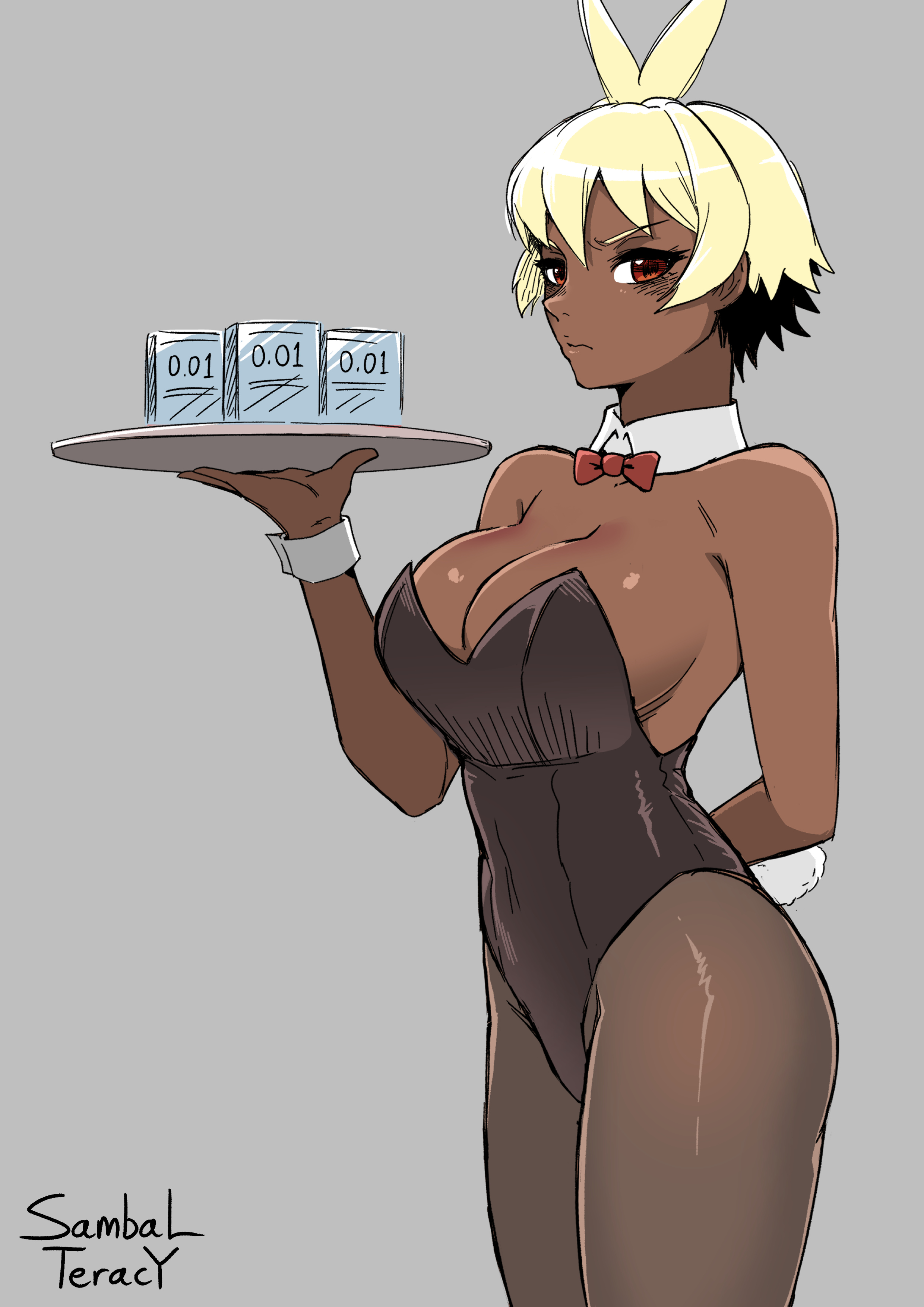 1girls, arms behind back, artist name, artist signature, black hair, blonde hair, breasts, bunny tail, bunnysuit, covered breasts, dark skin, dark-skinned female, female, large breasts, looking at viewer, oppai, orange eyes, original, original character, pantyhose, playboy bunny, ribbon, saki (sambalteracy), sambalteracy, shiny, shiny skin, short hair, simple background, solo, solo female, solo focus, thick thighs, thighs, tomboy, two-tone hair, very short hair, white background