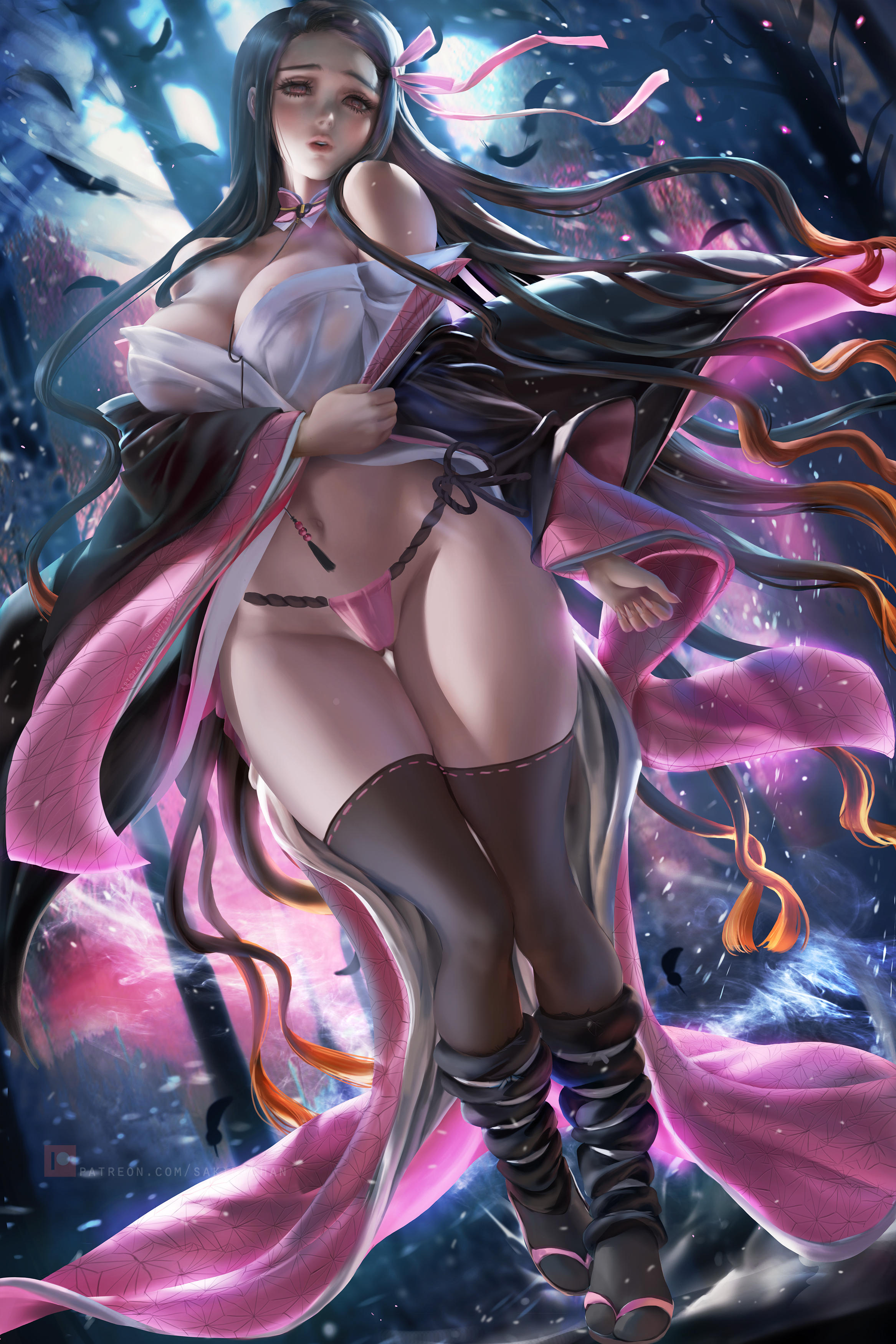 1girls, aged up, alternate body type, alternate breast size, alternate version available, big breasts, black hair, black legwear, black thighhighs, black-haired female, breasts, cleavage, curvy, demon slayer, female, female only, full body, fundoshi, hair ribbon, haori, hi res, japanese clothes, kamado nezuko, kimetsu no yaiba, kimono, long hair, looking at viewer, open clothes, open kimono, panties, realistic, sakimichan, side-tie panties, solo, tabi, thick thighs, thigh gap, thighhighs, two-tone hair, very long hair, wide hips