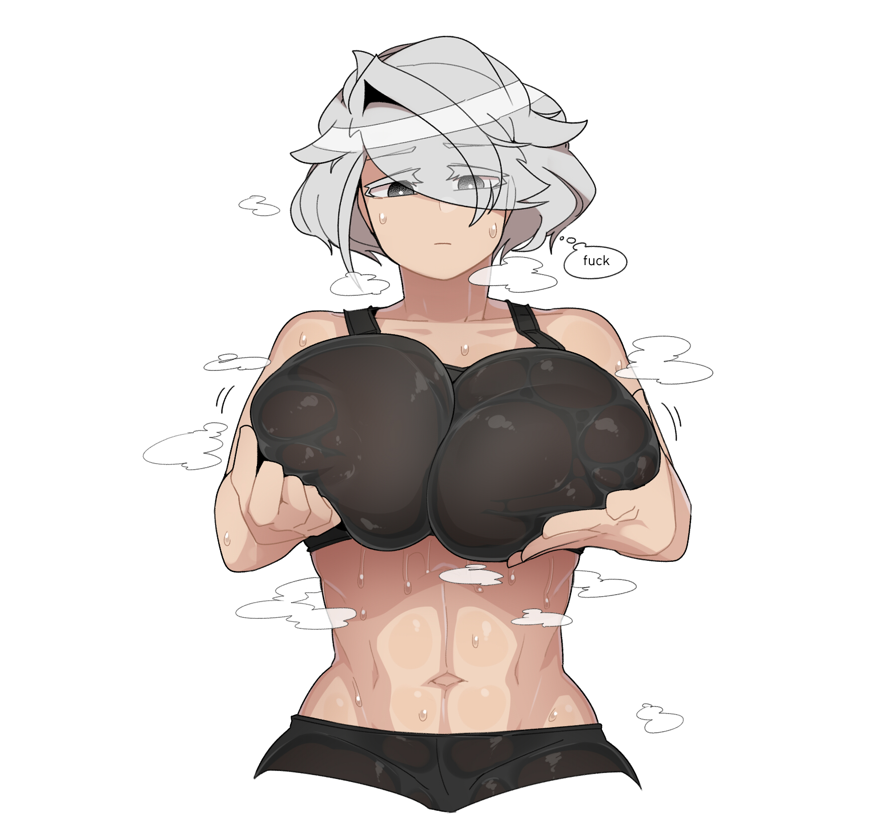 big breasts, breasts, breathing, female, muscular, muscular female, oddsnail, saryn (oddsnail), squished breasts, sweating, tan skin, tomboy