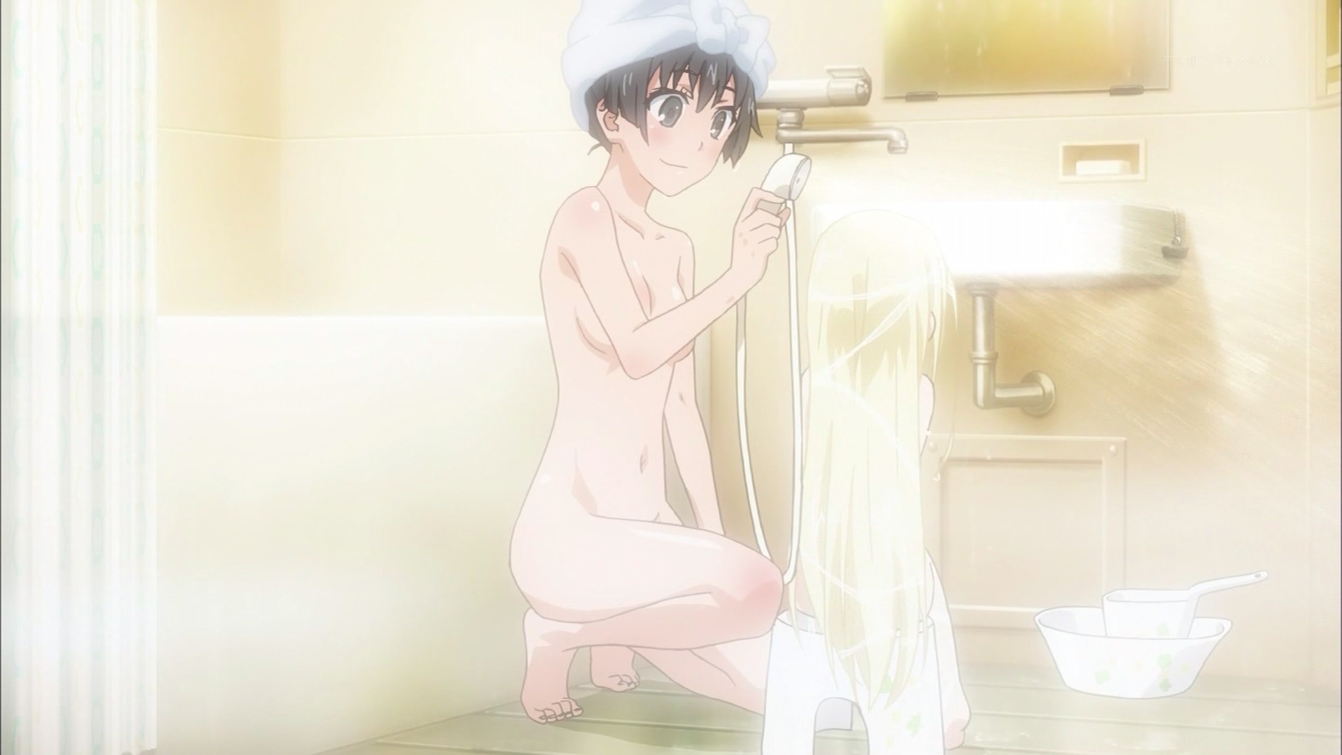10s, 2013, 2girls, age difference, ass, bare shoulders, bare thighs, barefoot, bath, bathroom, black hair, blonde hair, blue eyes, blush, breasts, casual nudity, completely nude, convenient censoring, cute, fanservice, febrie, female, hi res, kneeling, long hair, medium breasts, midriff, navel, no sex, nude, official art, older female, pale skin, saten ruiko, screencap, sitting on stool, smile, steam, teenage female, teenage girl and younger girl, teenager, thighs, tiptoes, to aru kagaku no railgun, to aru majutsu no index, toes, towel on head, washing, washing hair, wholesome, young, younger female