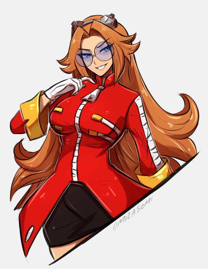 1girls, black skirt, blue eyes, blue-tinted eyewear, breasts, brown hair, coat, dr. eggma'am, dr. eggman, evil grin, evil smile, female, female focus, genderswap, genderswap (mtf), grin, jacket, long hair, omiza somi, red coat, rule 63, skirt, smile, sonic (series), sonic the hedgehog (series), sunglasses, tinted eyewear