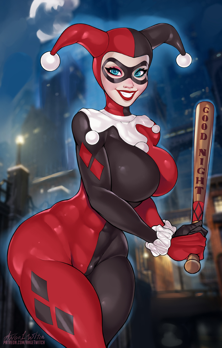 1girls ange1witch batman_(series) big_breasts bodysuit breasts dc female female_only harley_quinn harley_quinn_(classic) large_breasts solo thick_thighs wide_hips