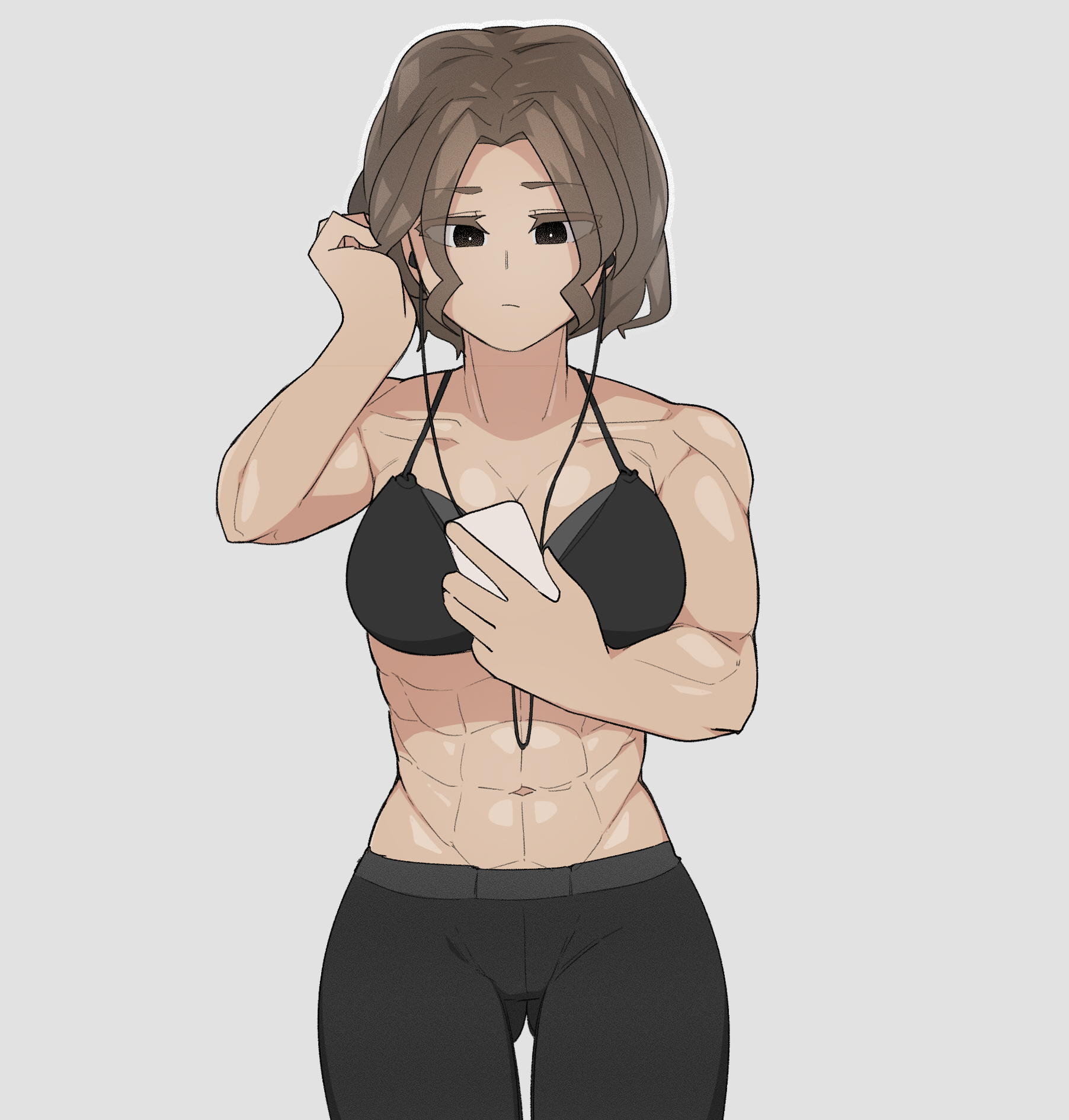 big breasts, breasts, breathing, female, geumgang (oddsnail), muscular, muscular female, oddsnail, sweating, tan skin, tomboy, yoga pants