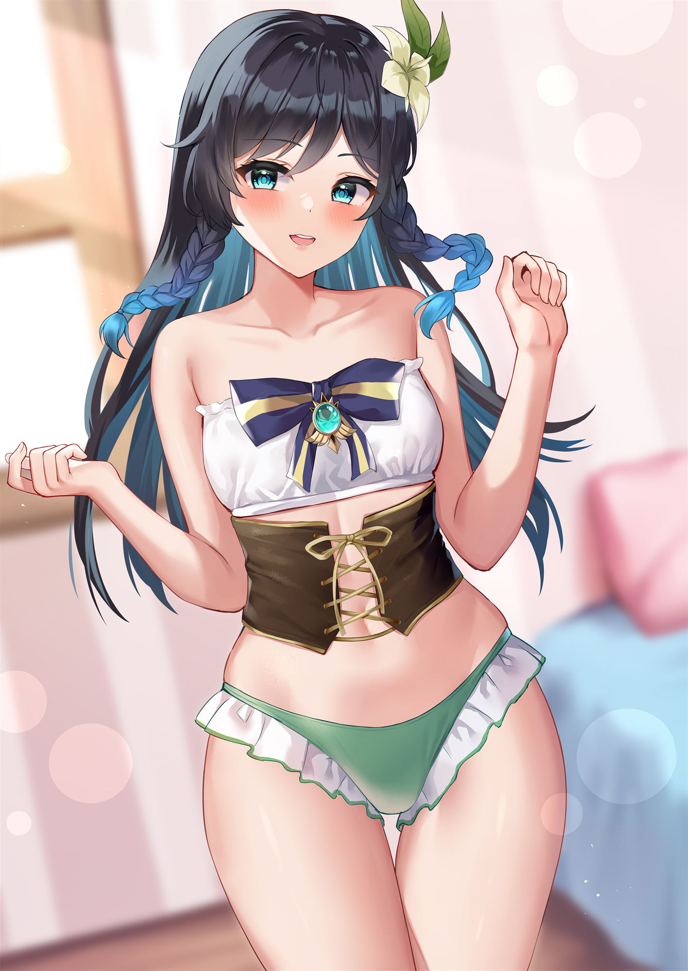 1girls, bikini, blue eyes, blue hair, blush, braid, breasts, eric (tianqijiang), female, female only, genderswap, genderswap (mtf), genshin impact, hi res, long hair, navel, rule 63, smile, swimwear, twin braids, venti (genshin impact)