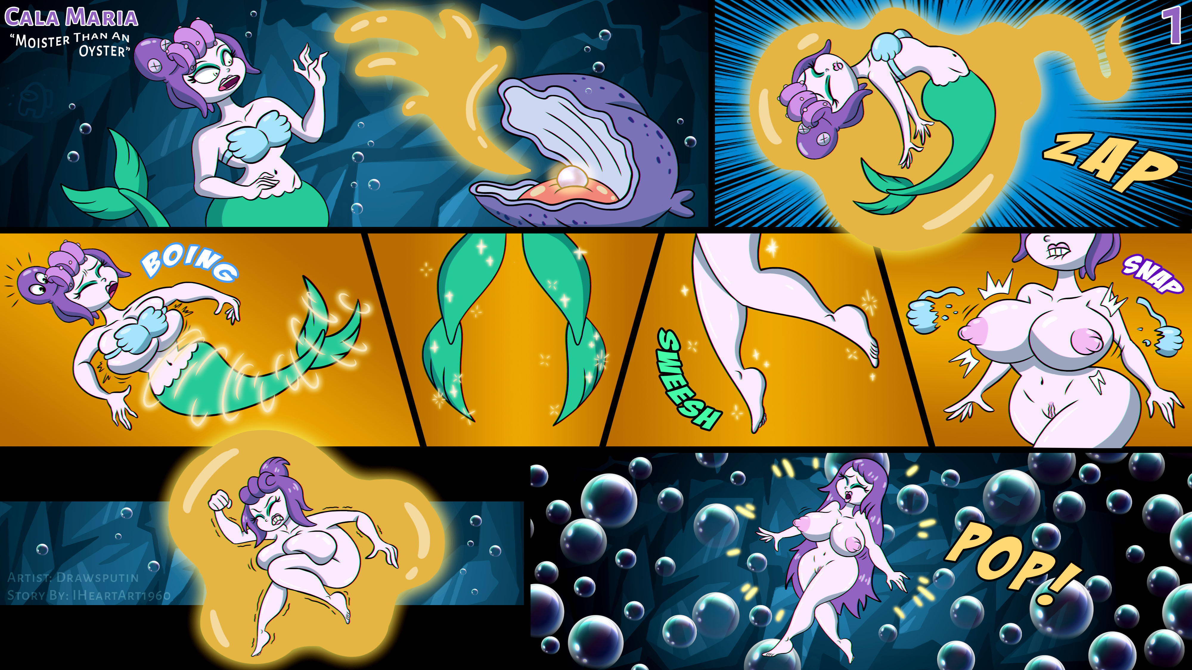 1girls, big breasts, breast expansion, breast growth, breast growth (enlargement), breasts, cala maria, comic, cuphead (game), drawsputin, female, female focus, female only, human, merfolk, mermaid, mermaid tail, nipples, nude, parody, purple body, purple hair, purple skin, scene reference, solo, the little mermaid (1989 film), transformation, underwater, wardrobe malfunction